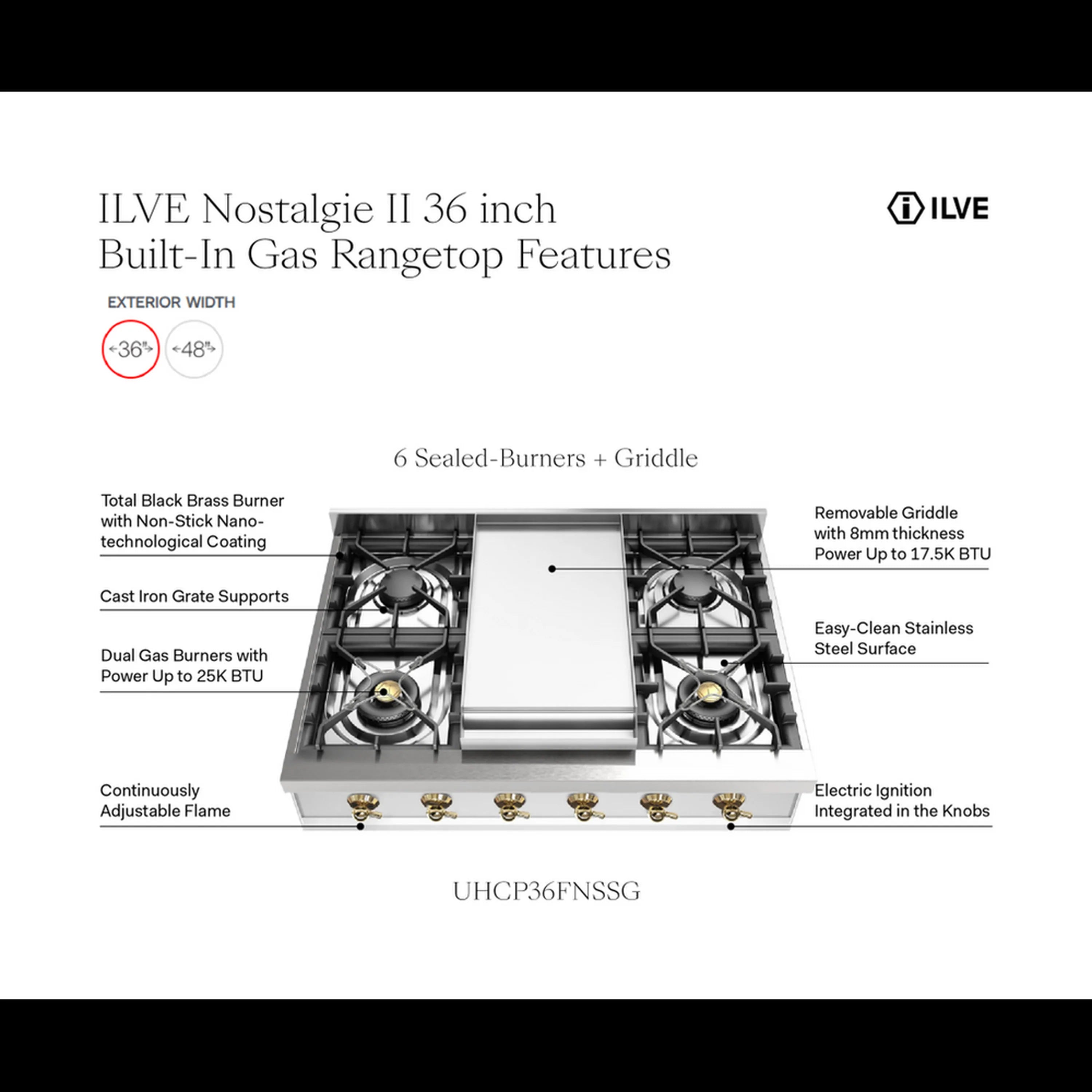Stainless steel built-in gas rangetop with six sealed burners, removable griddle, brass knobs