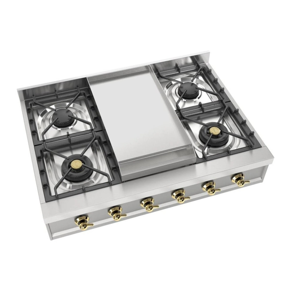 Built-in gas rangetop with four burners and rectangular griddle in stainless steel