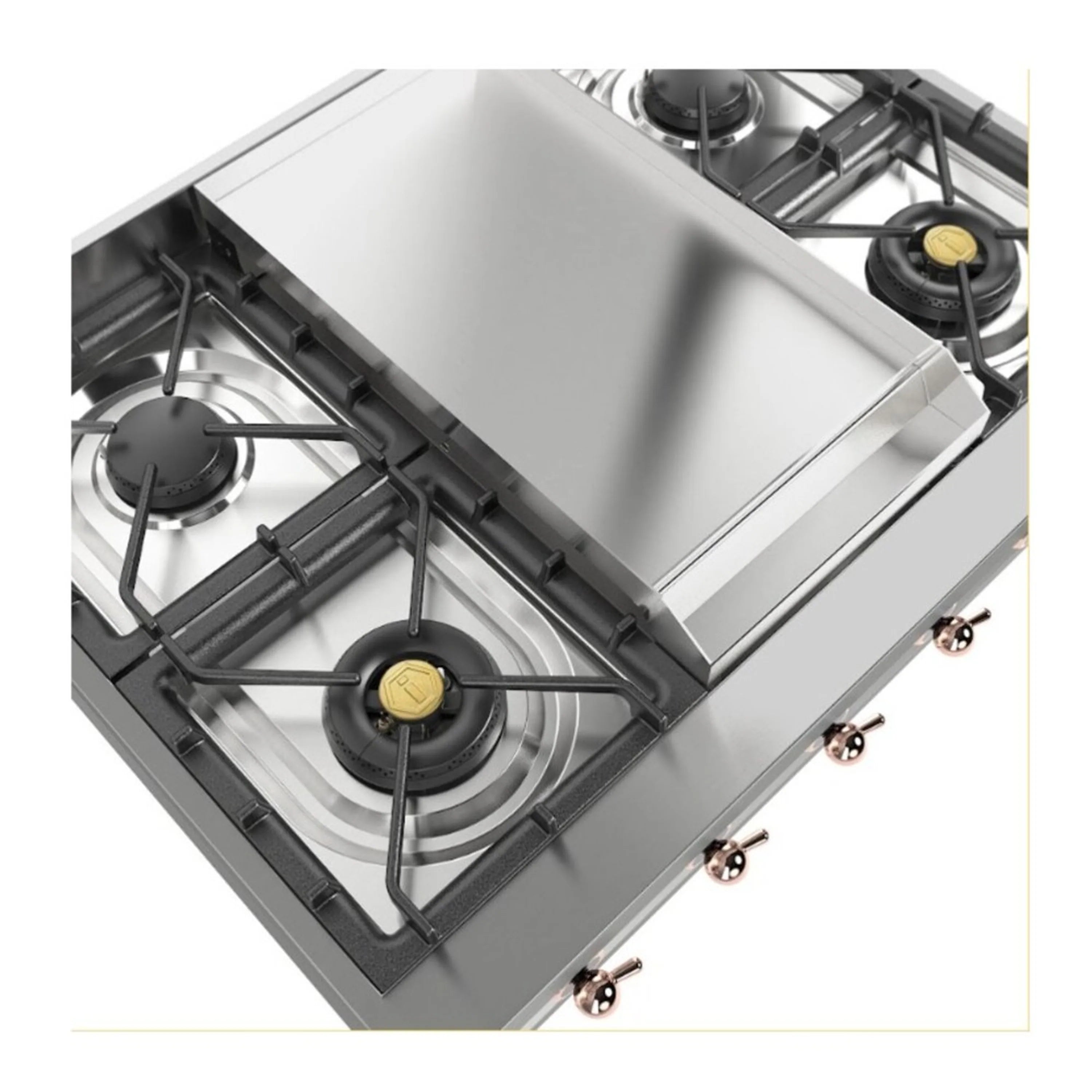 Built-in gas rangetop corner view with griddle and three copper control knobs