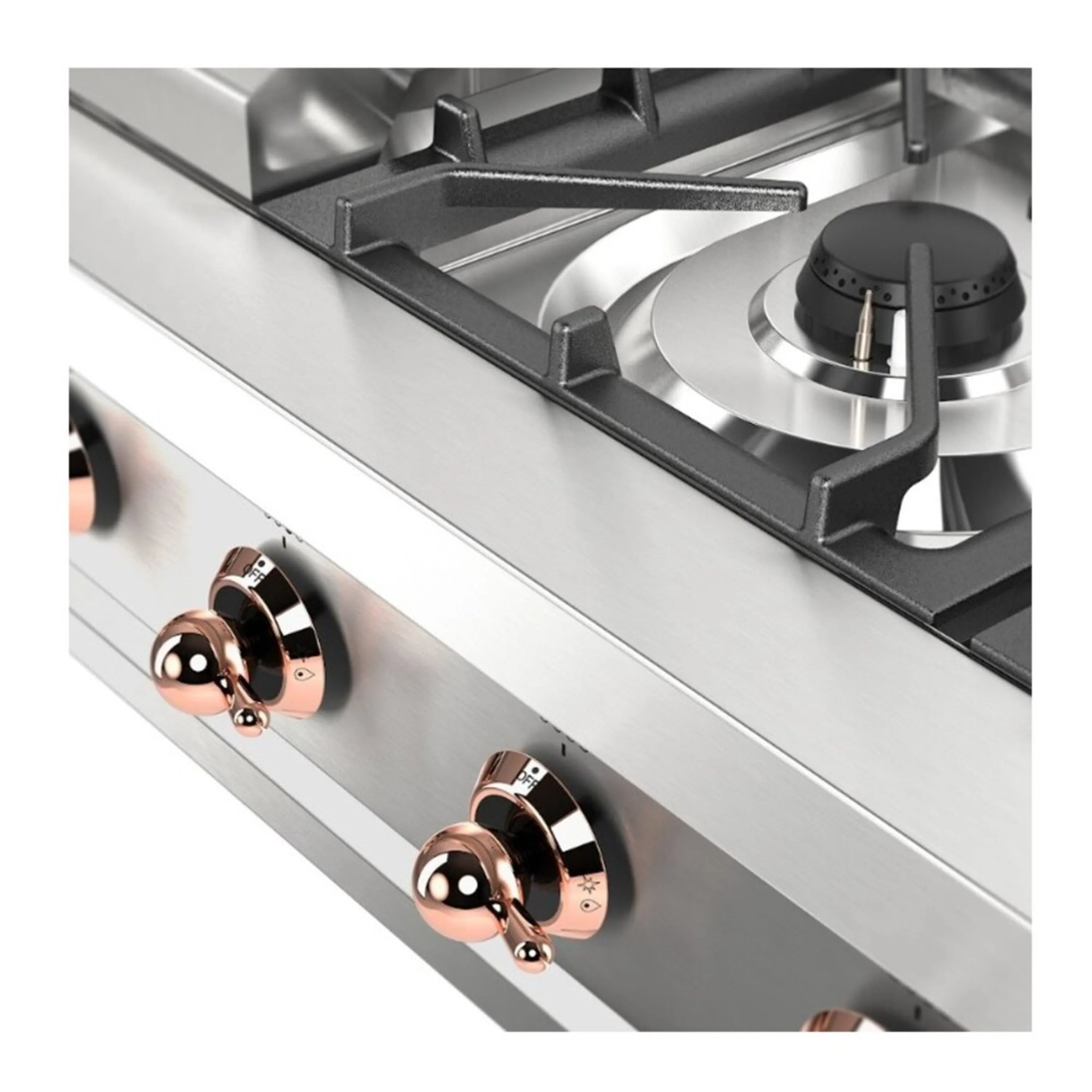 Stainless steel gas cooktop front panel with copper control knobs
