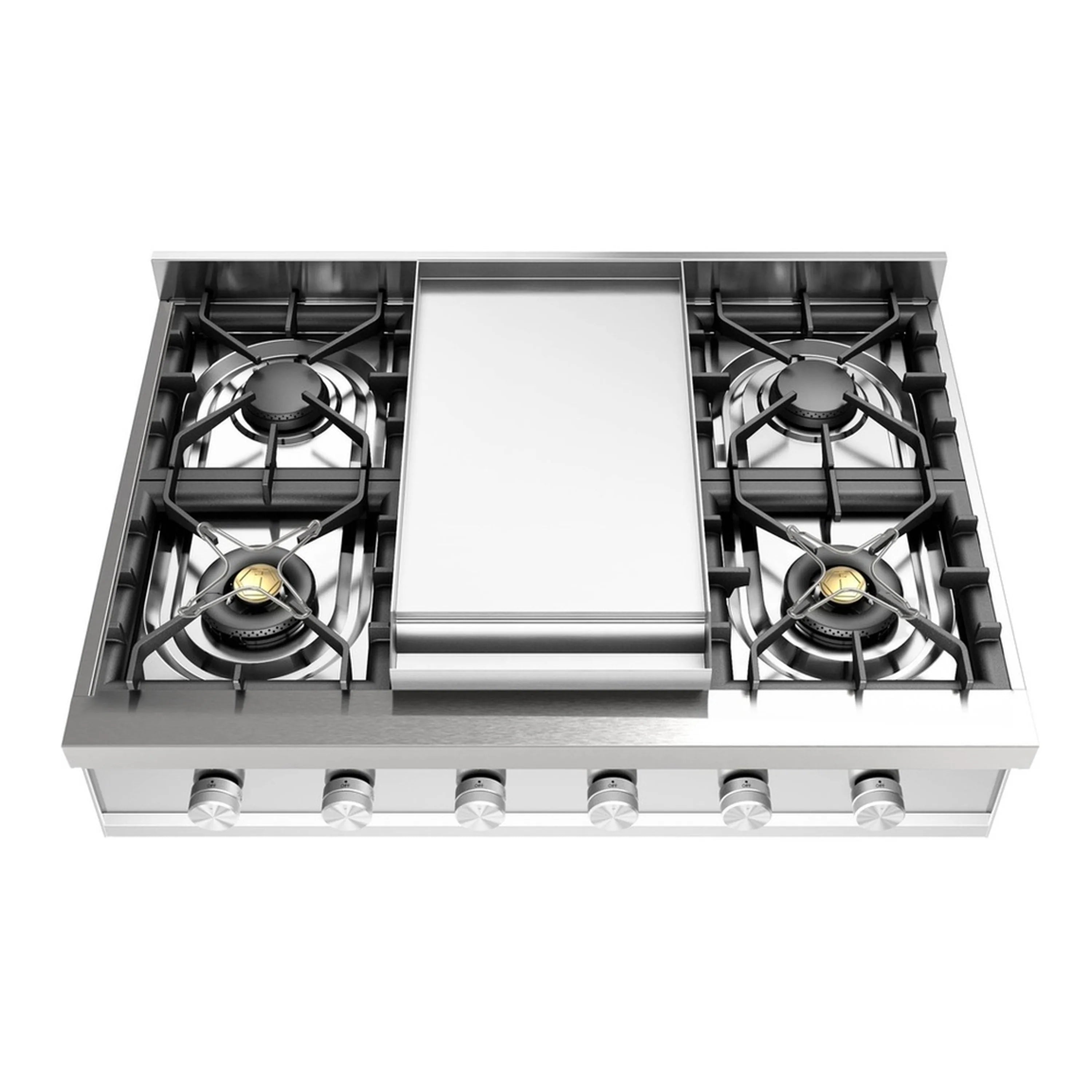 Stainless steel built-in gas rangetop with griddle center and four burners