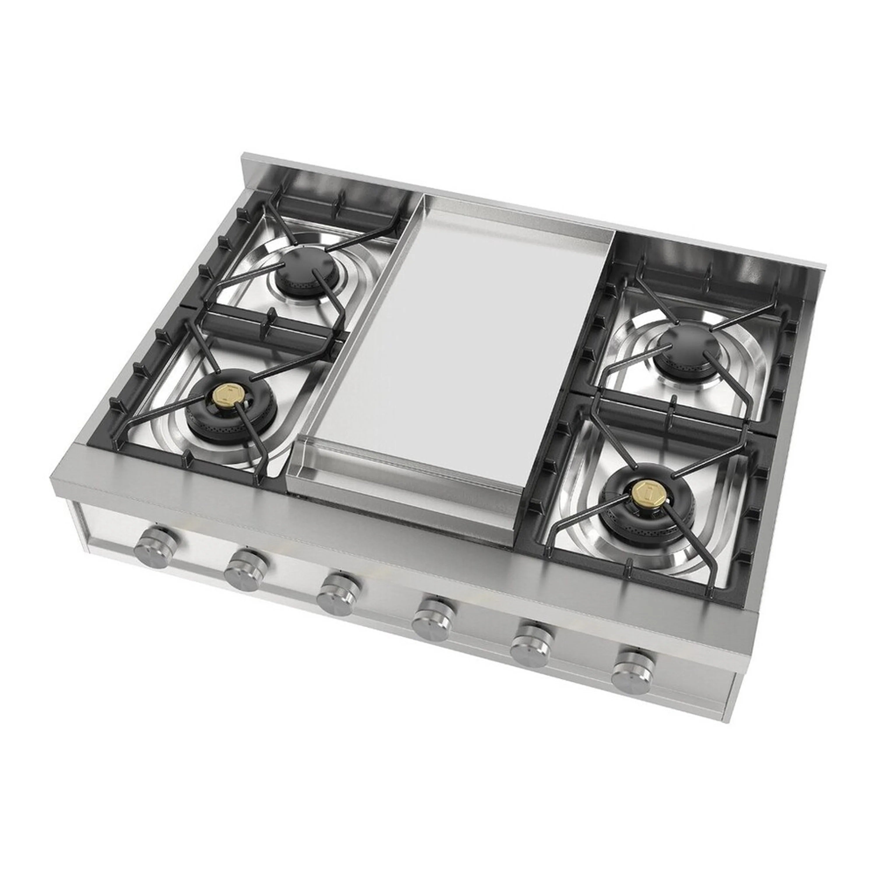 Stainless steel built-in gas rangetop with griddle center and 4 burners