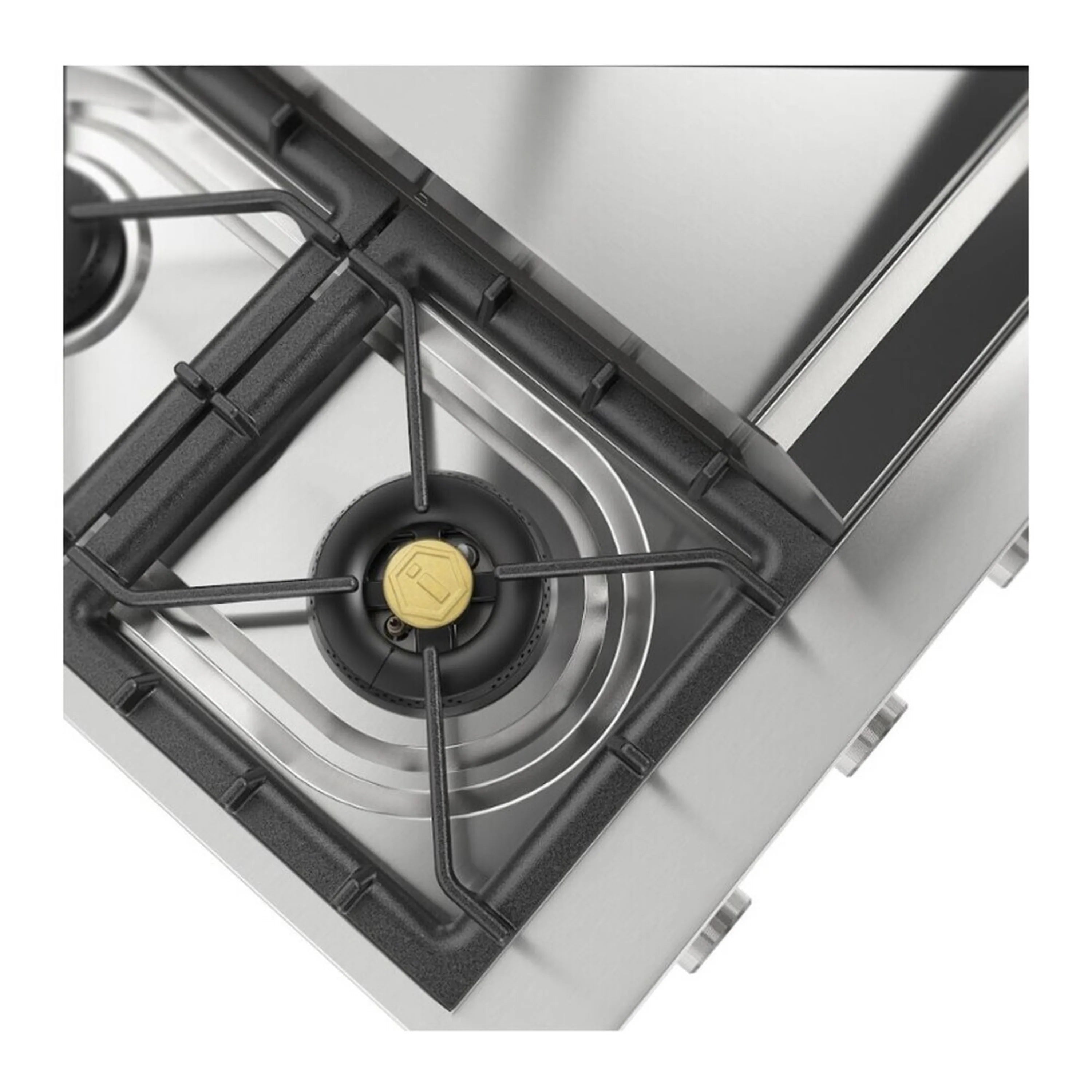 Close-up of a gas burner with black grate on stainless steel rangetop