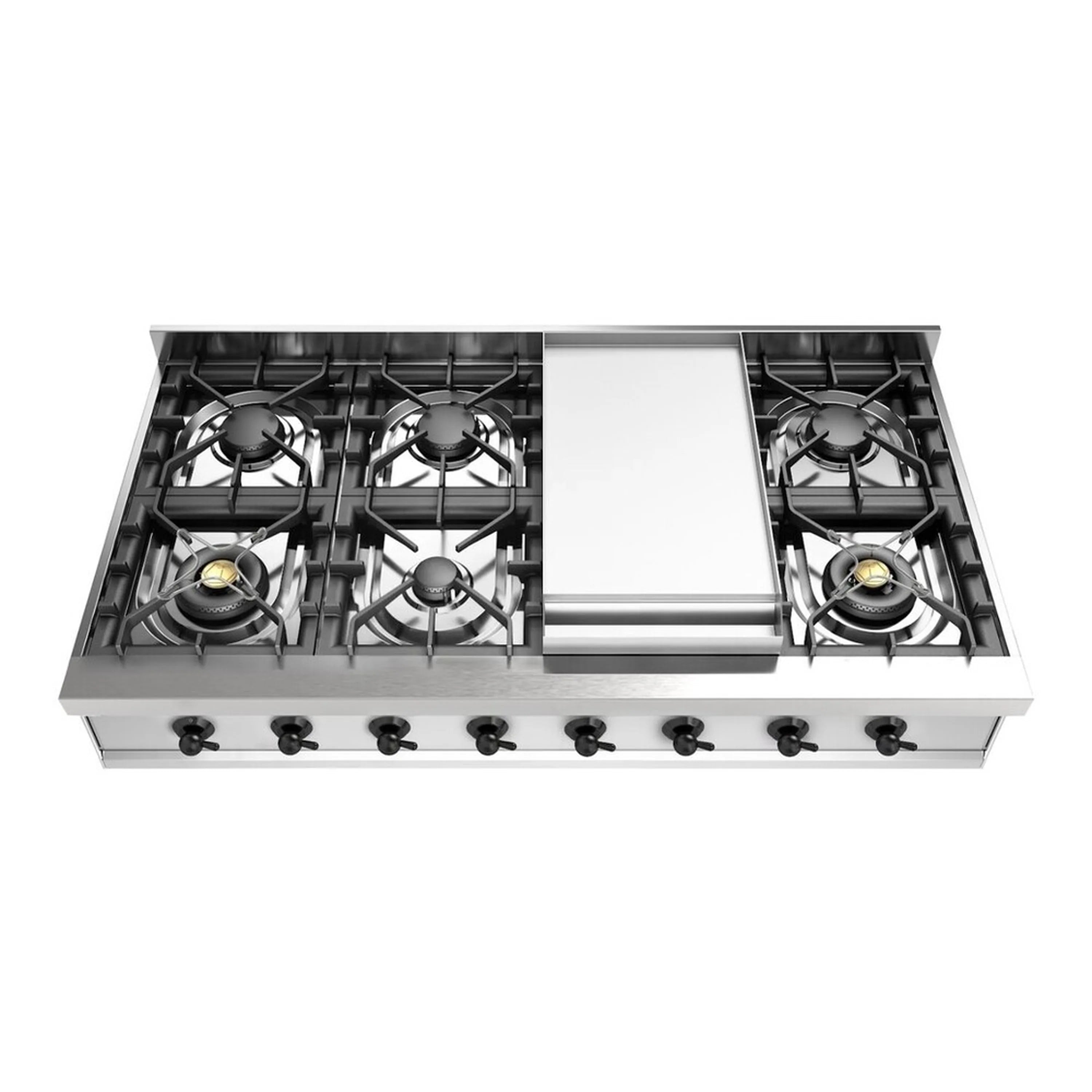 Stainless steel gas rangetop with griddle and four burners, wide top view