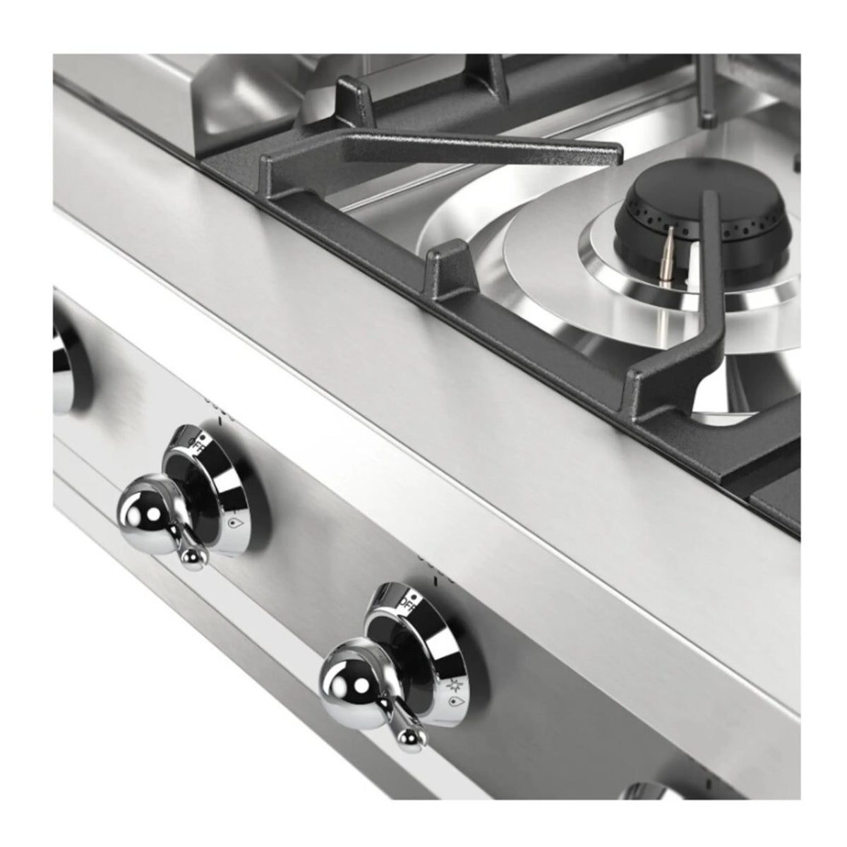 Stainless steel front panel with black control knobs for built-in gas burners