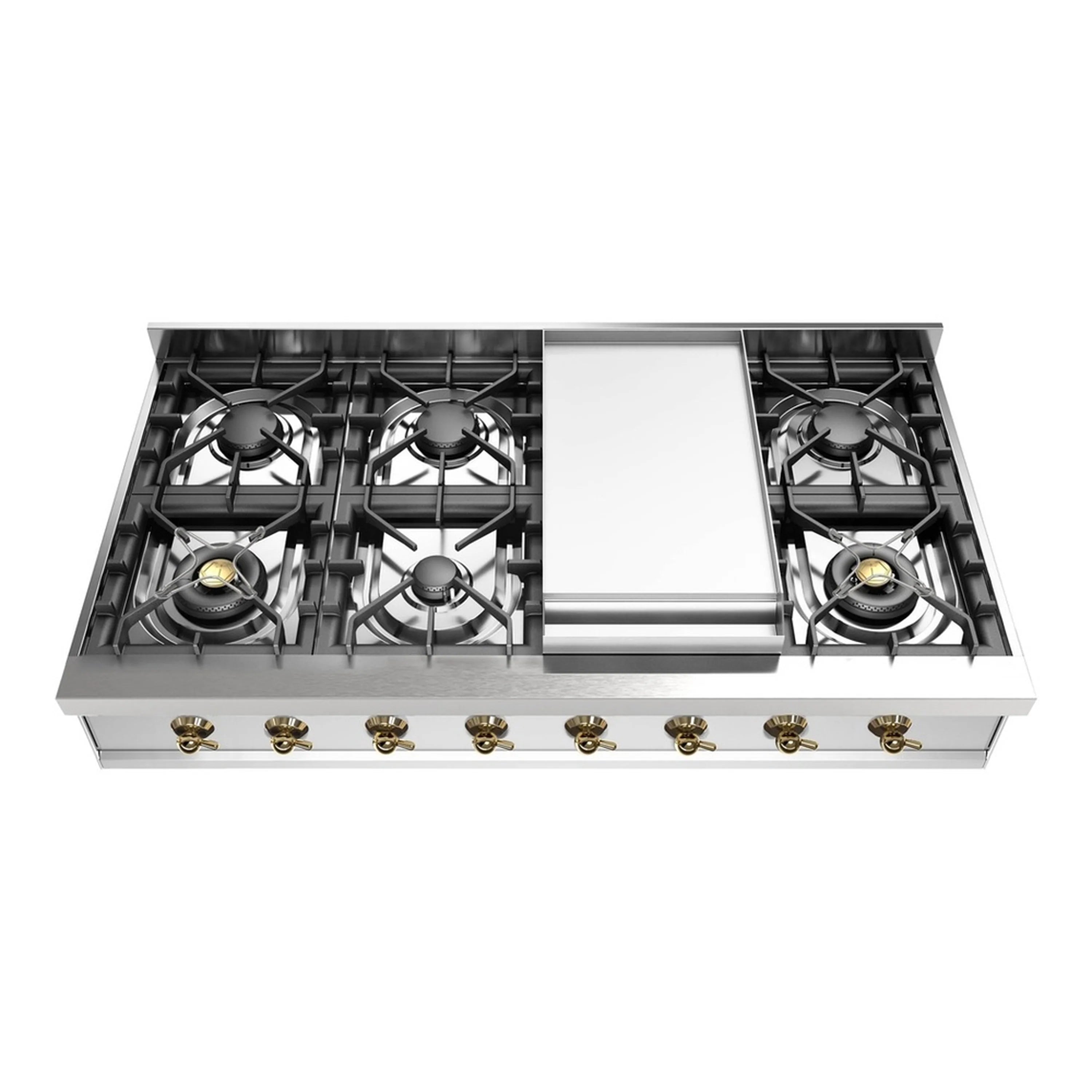 Stainless steel gas rangetop with griddle in the center and four burners, front top view
