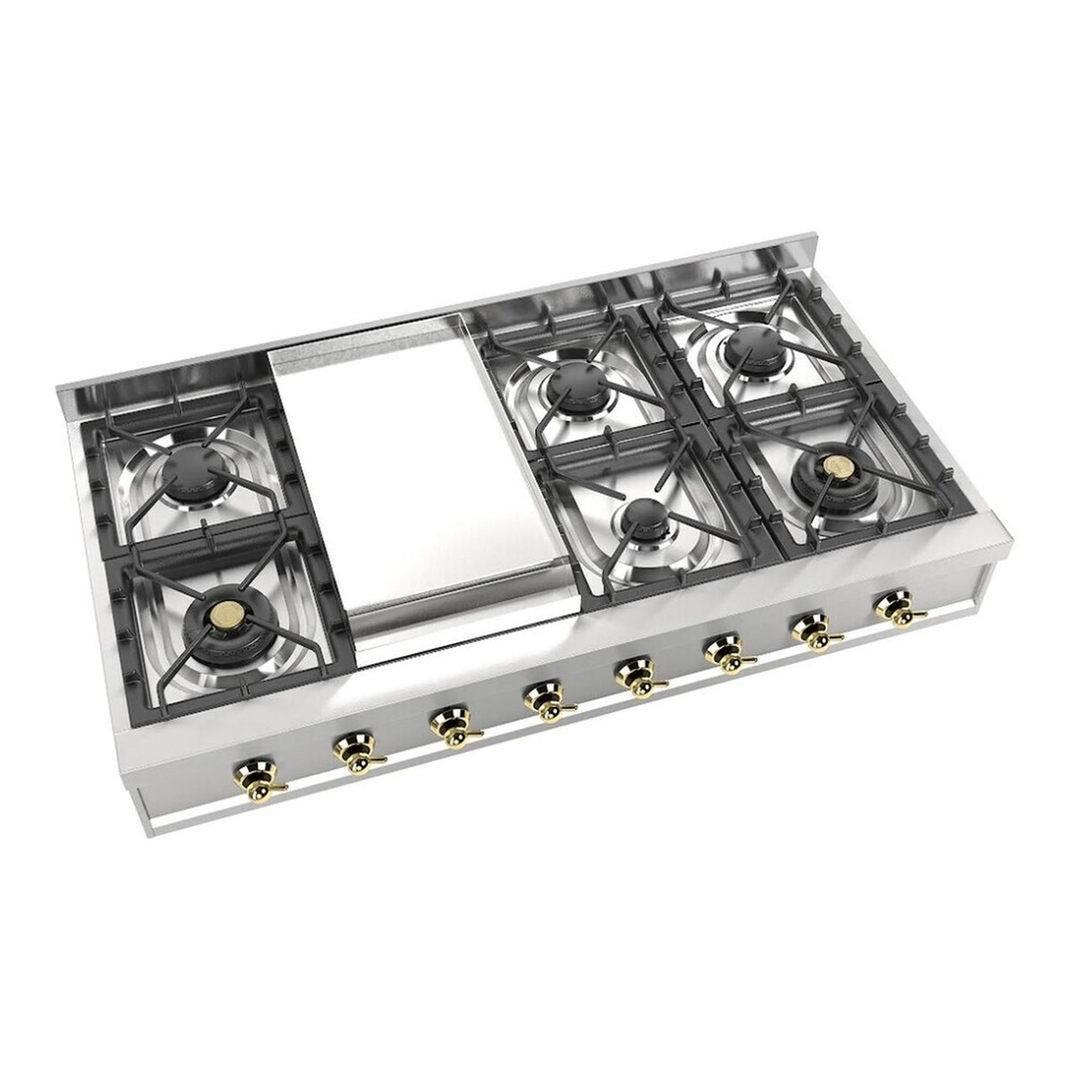 Stainless steel 48-inch gas rangetop with griddle, built-in layout and four burners visible