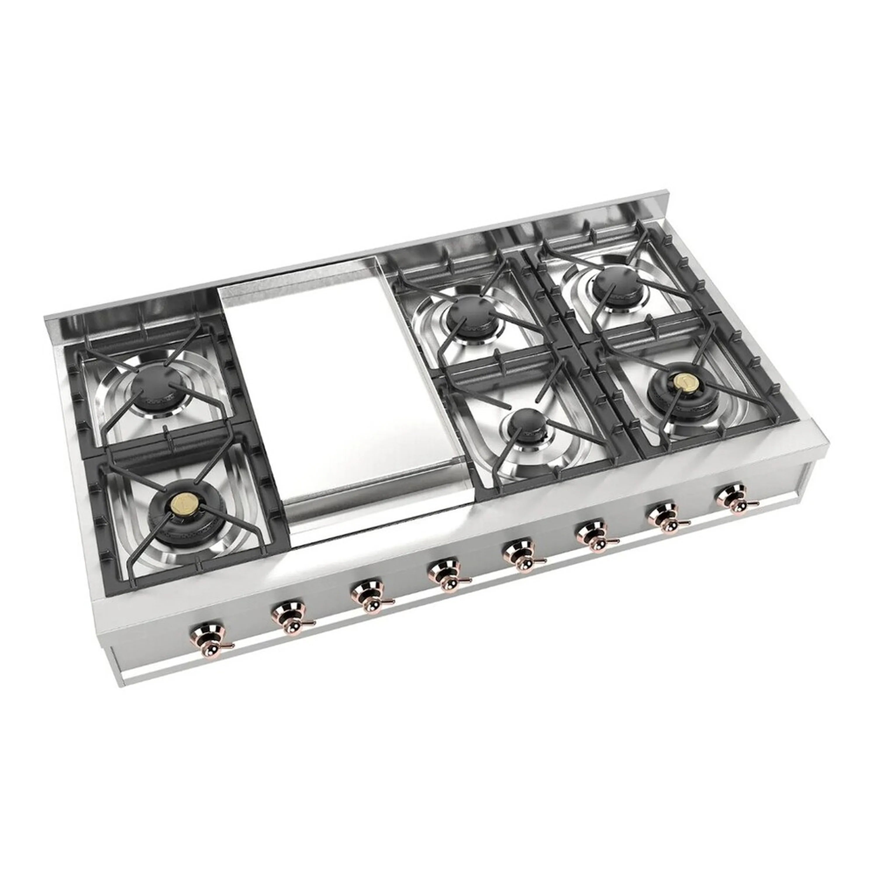 Stainless steel natural gas rangetop griddle with four burners on open frame, angled view