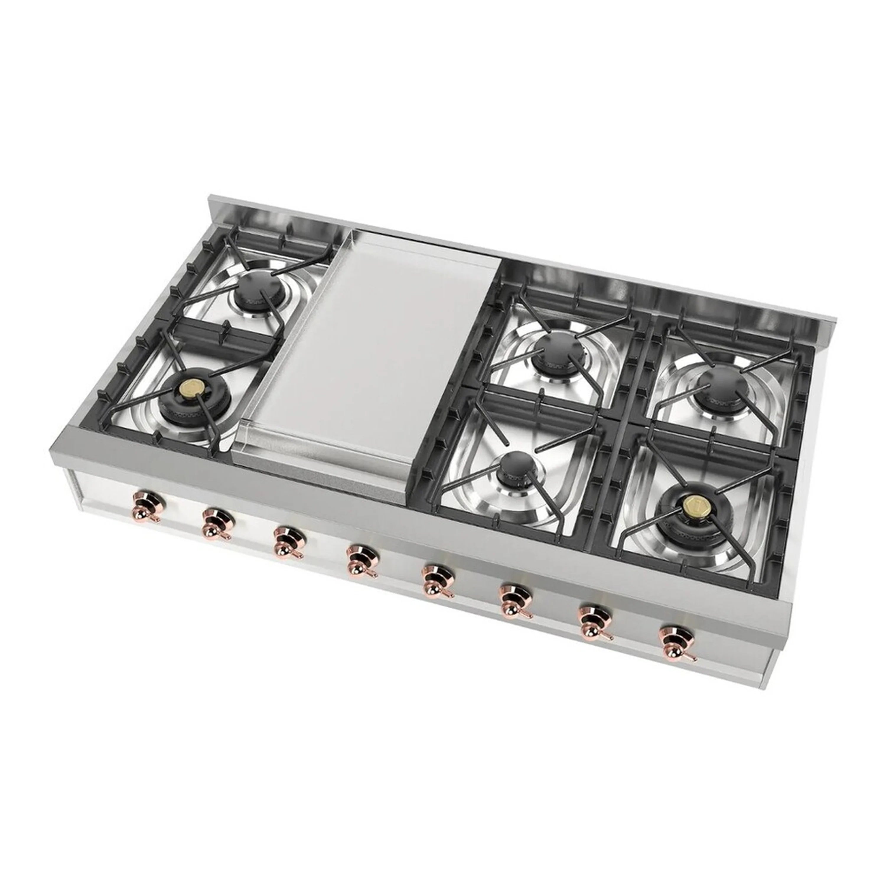 Stainless steel gas rangetop with center griddle and multiple burners, angled overhead view