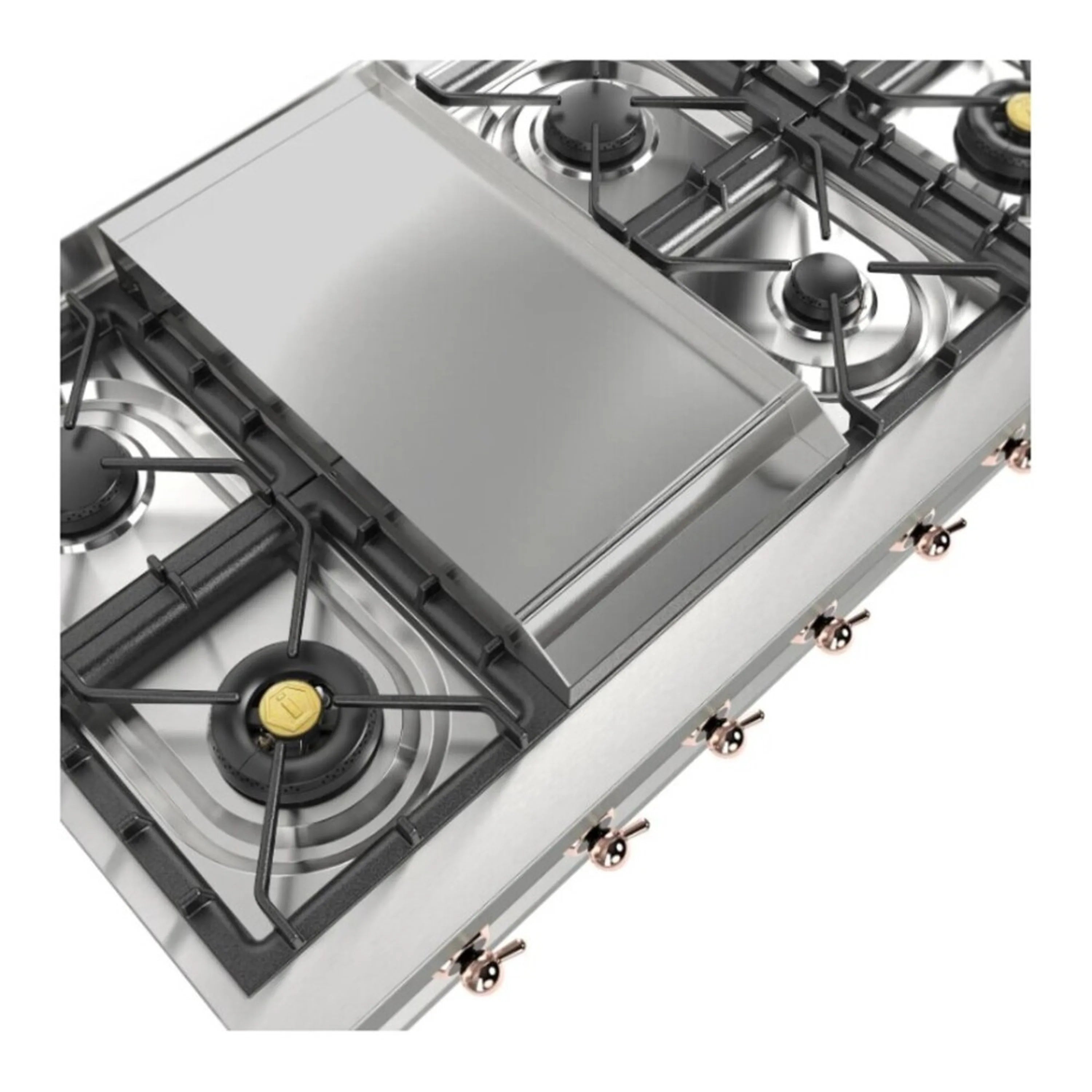 Stainless steel griddle insert with cast burner grates and copper-colored control knobs