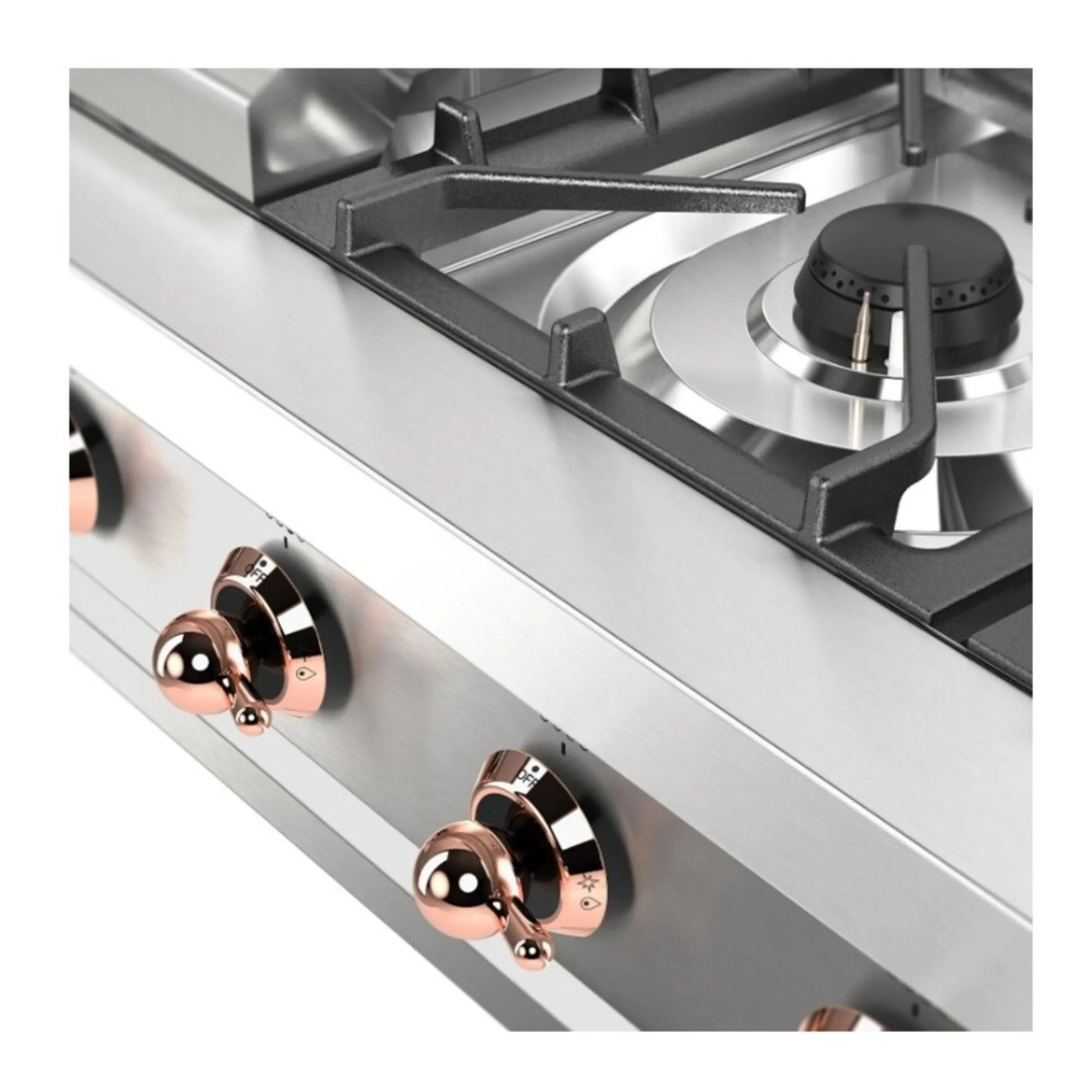 Stainless steel rangetop control panel with copper-colored knobs and burner grates