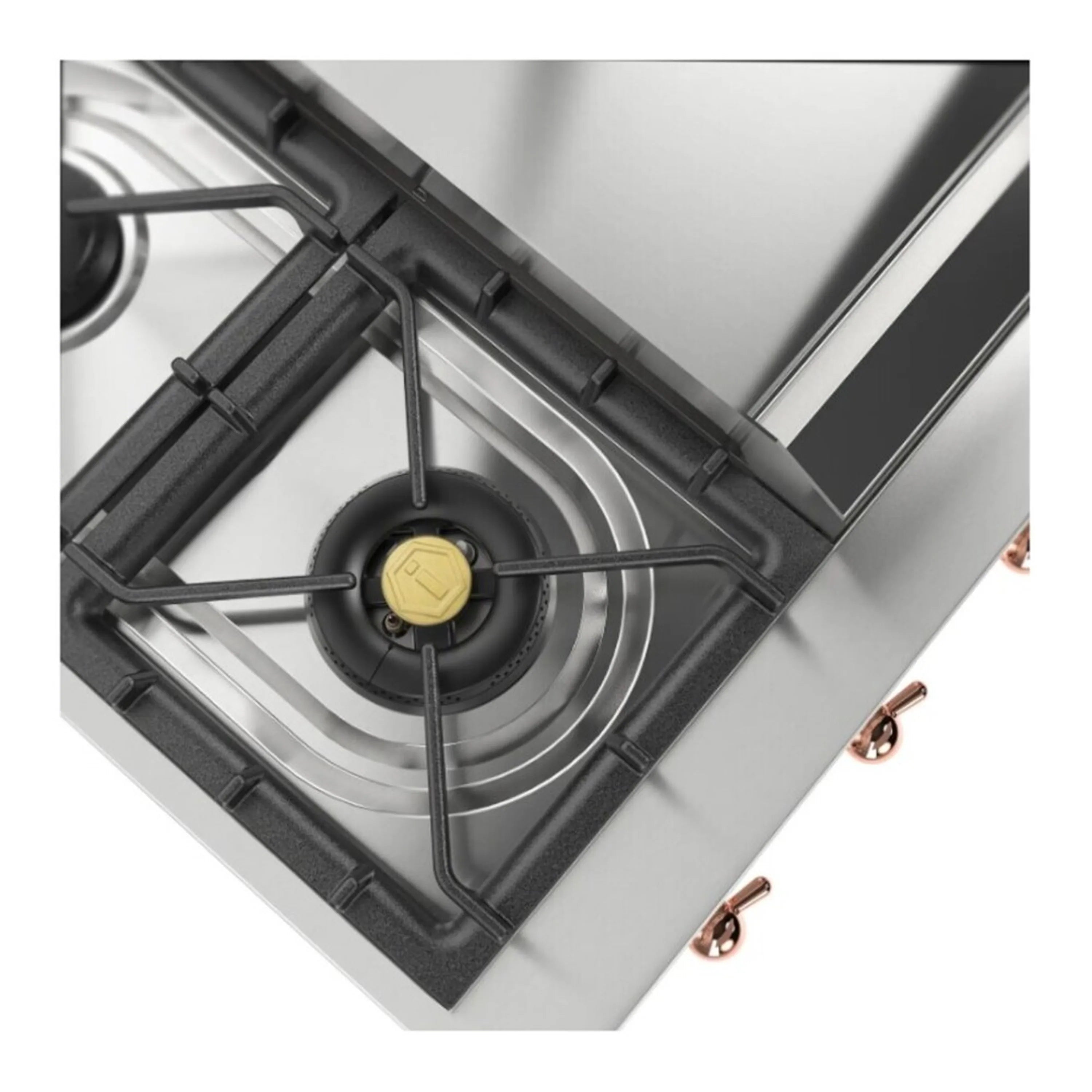 Stainless steel gas burner grate with yellow gas cap and copper control knobs