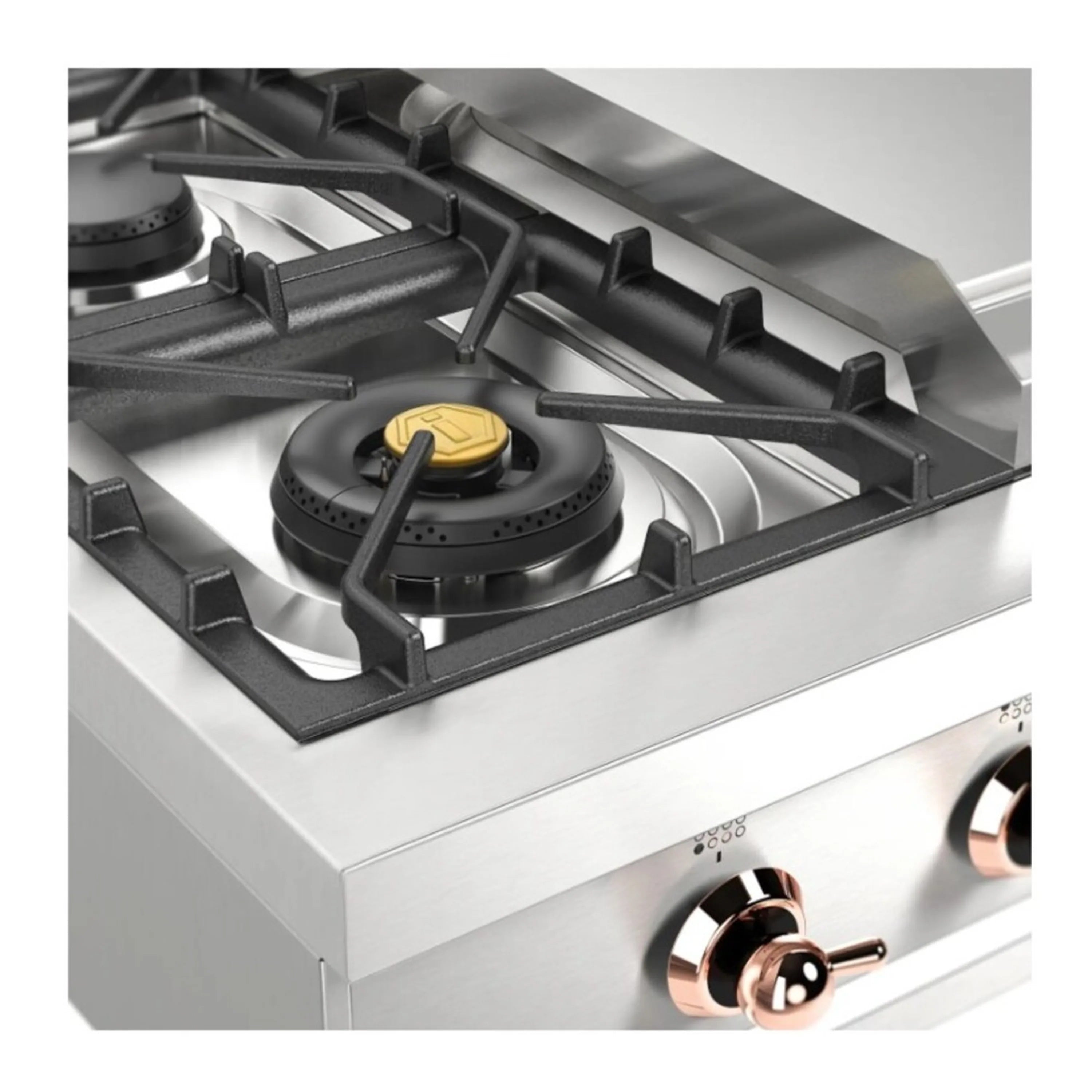 Stainless steel burner with cast grate and black ignition components, close-up