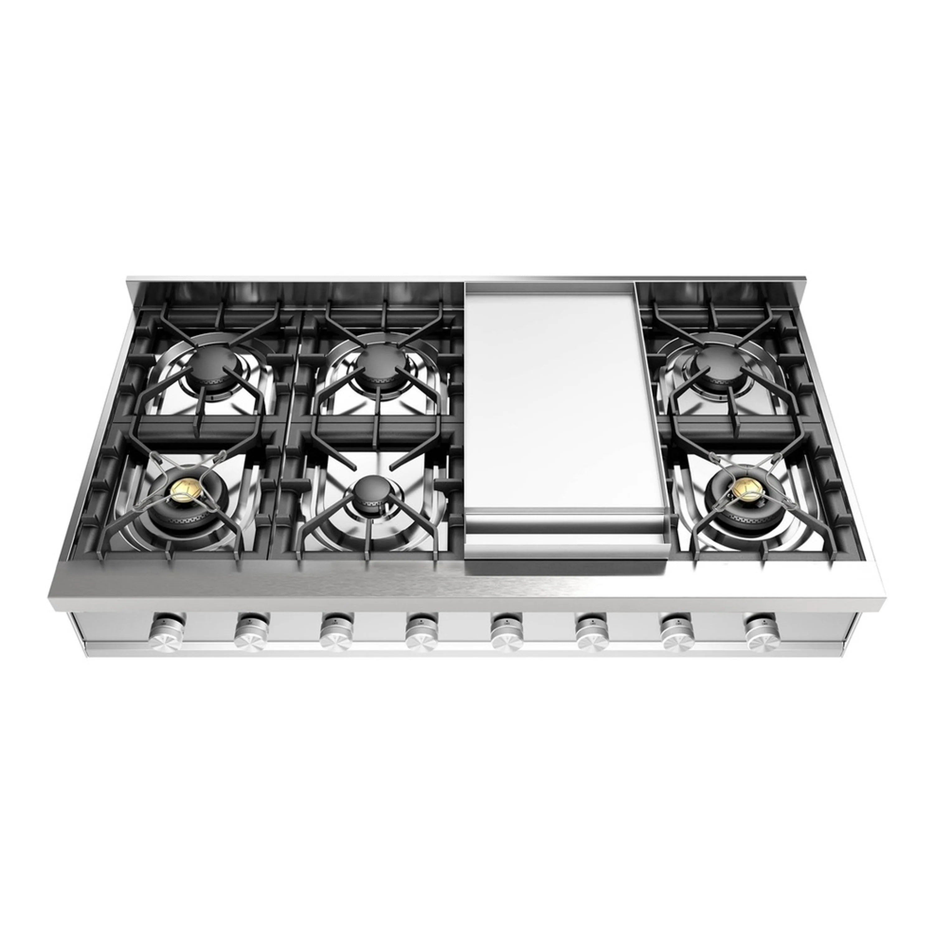 Stainless steel built-in propane gas rangetop with griddle center and four burners