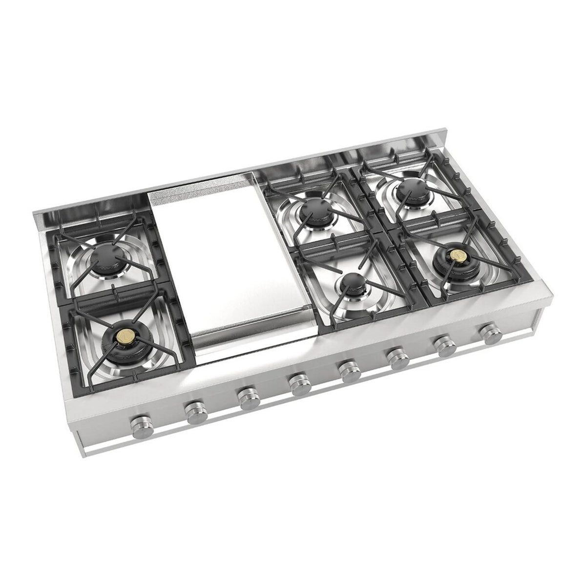 Stainless steel built-in gas rangetop with side griddle and four black cast burners