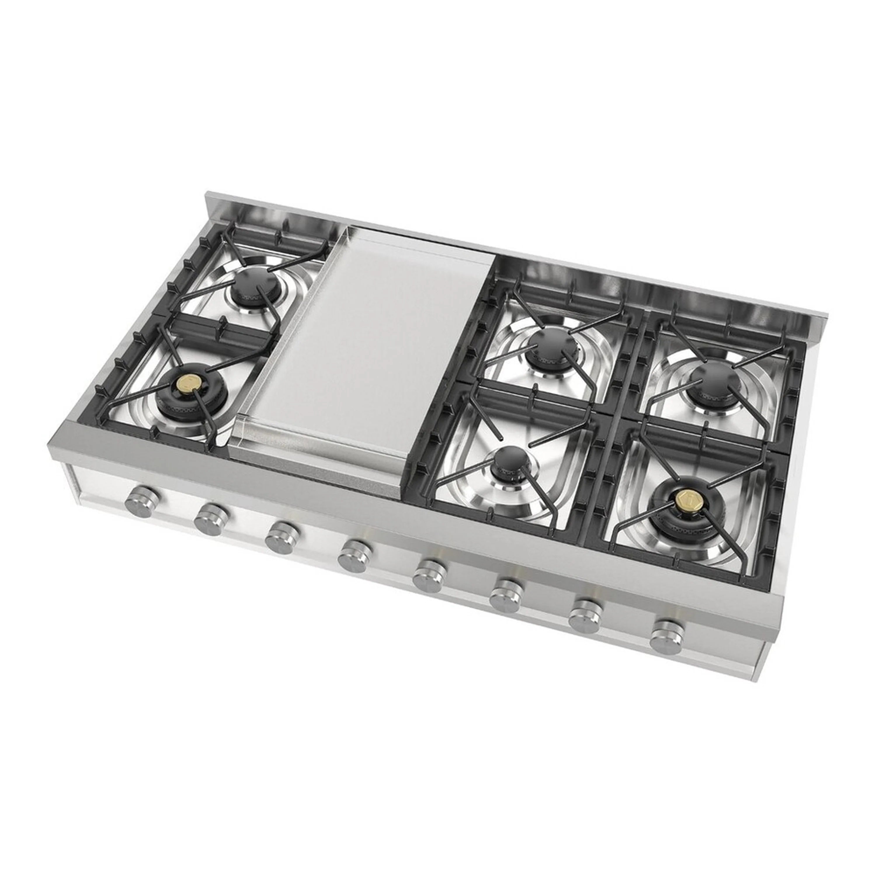 Stainless steel built-in gas rangetop with griddle center and four burners