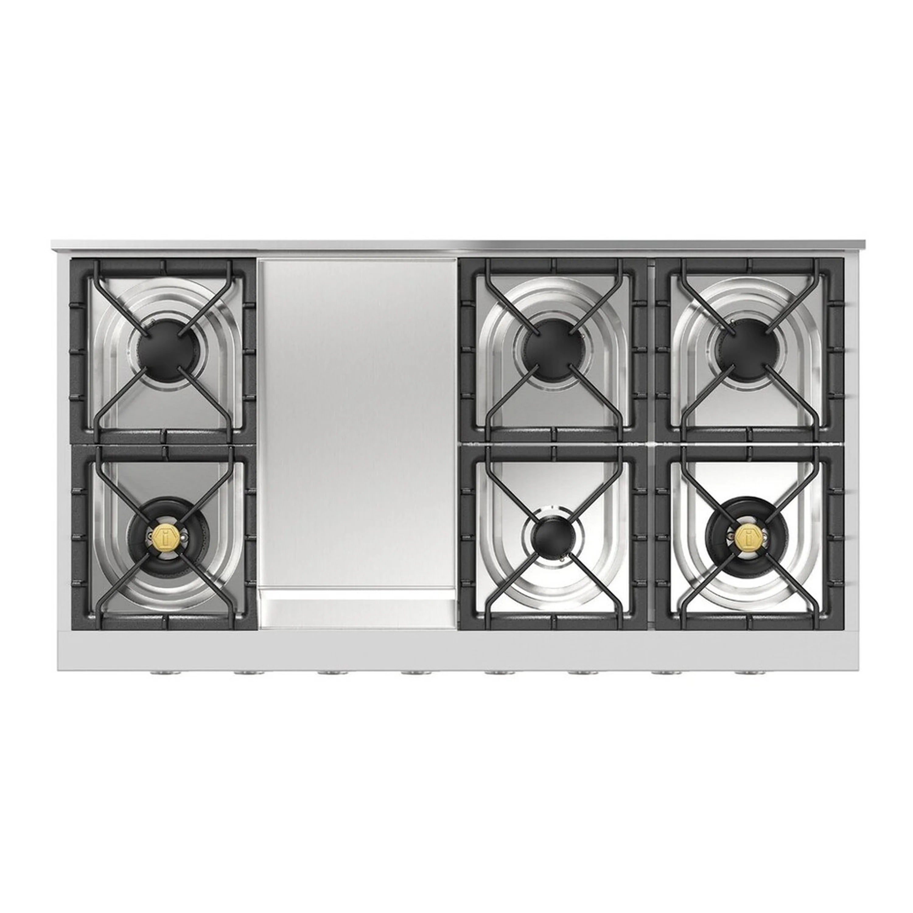 Stainless steel built-in propane gas rangetop with griddle and four burners viewed from front