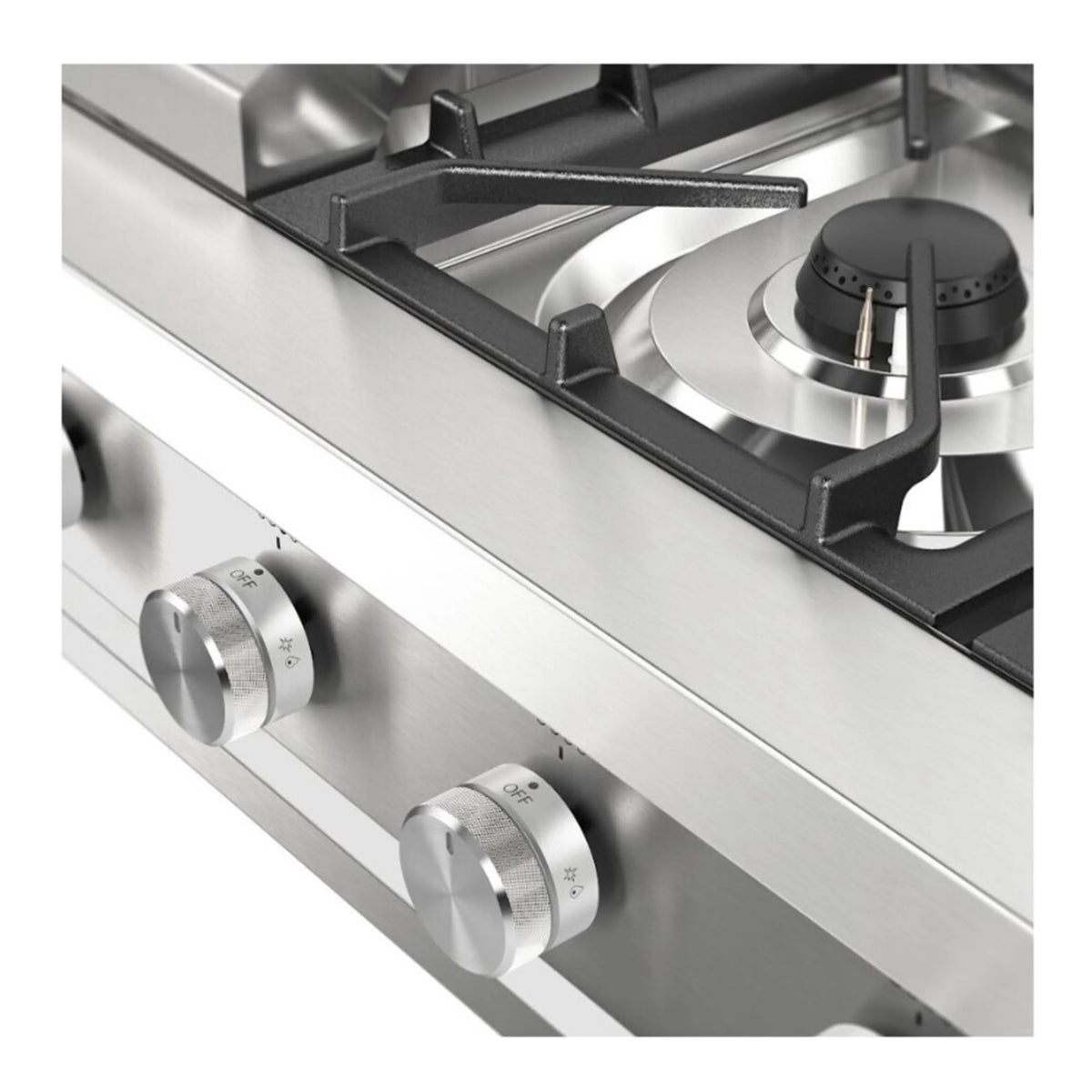 Stainless steel control panel with metal knobs for built-in propane gas rangetop