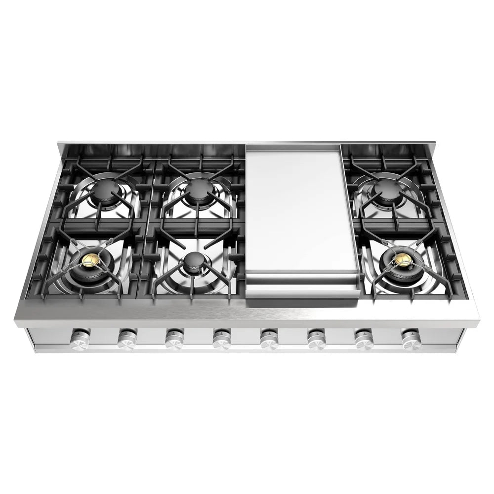 Stainless steel built-in propane gas rangetop with griddle and four burners