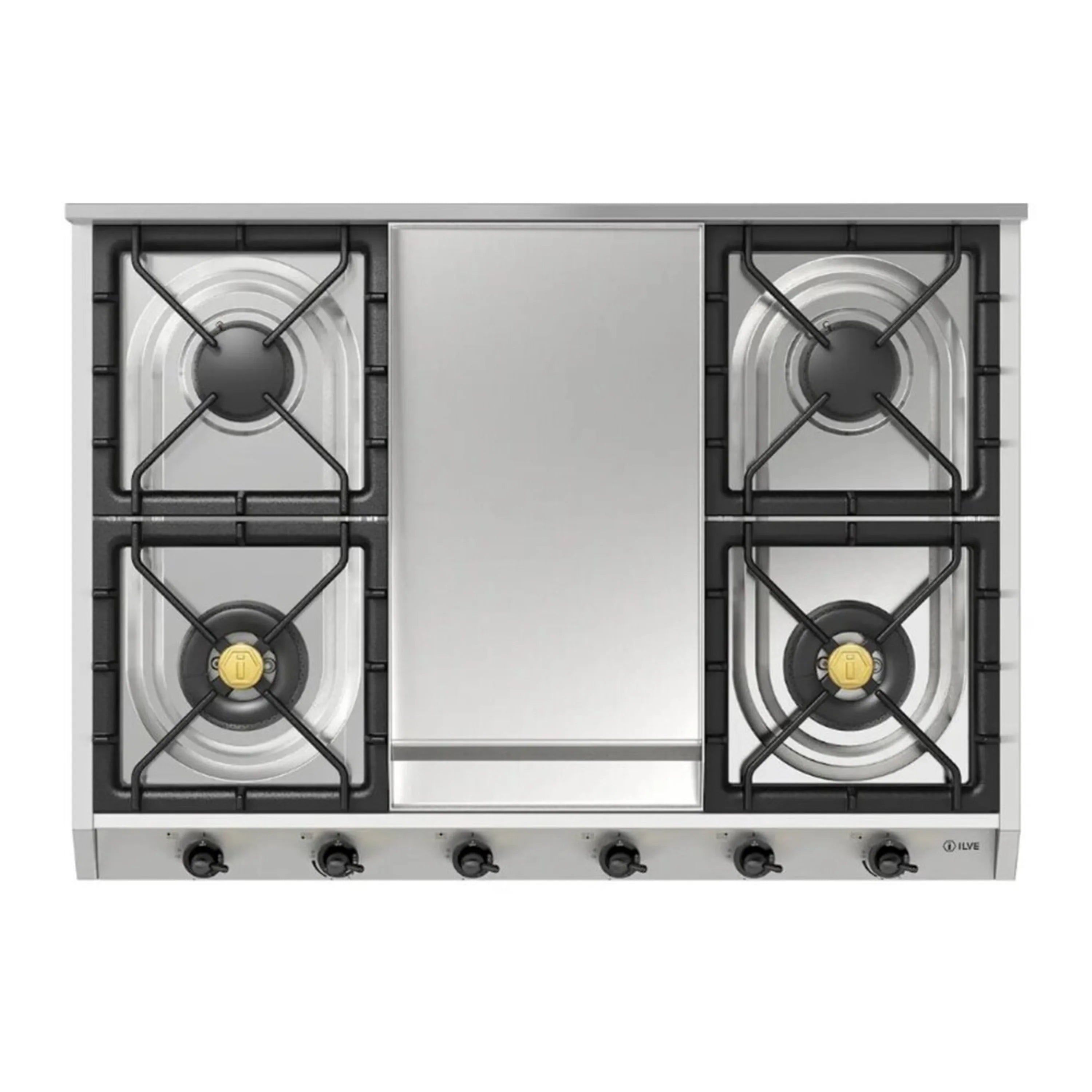 Stainless steel gas cooktop with four burners and center griddle, front top view