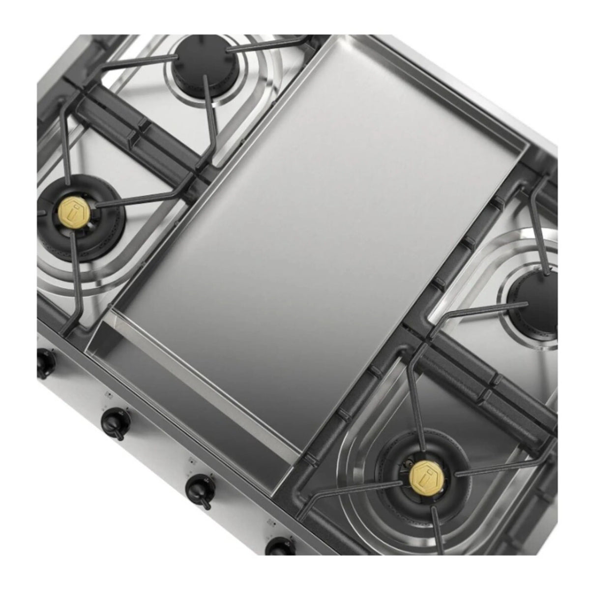 Stainless steel center griddle with surrounding gas burners, angled top view