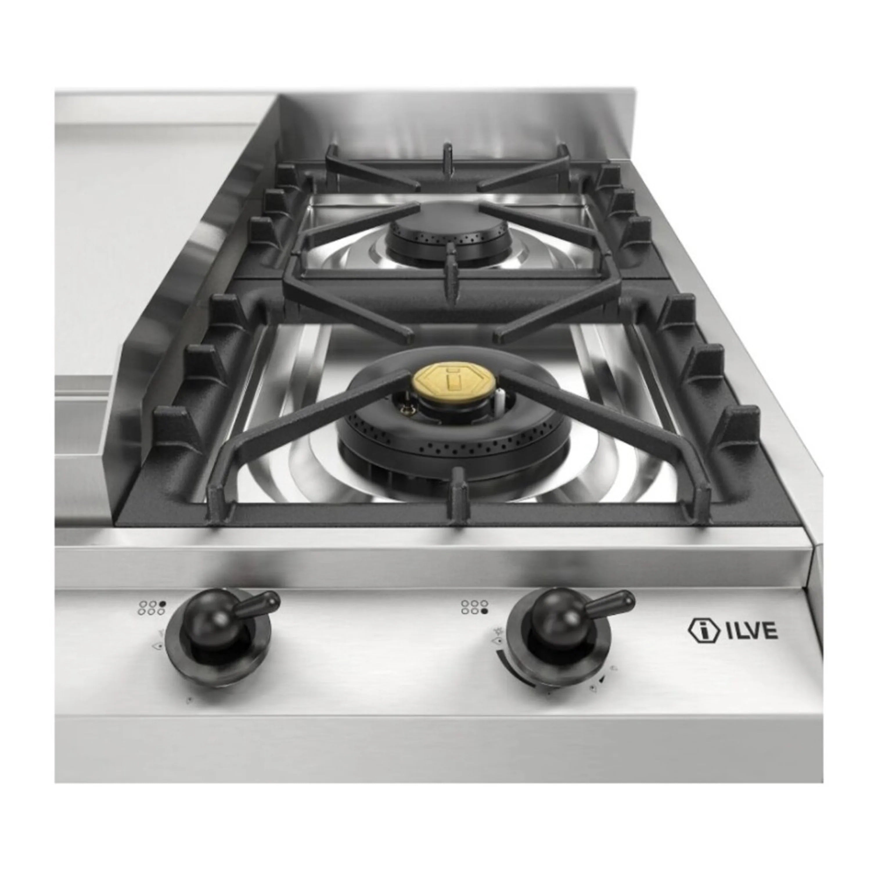 Stainless steel gas burner with black grate and control knobs, close front view