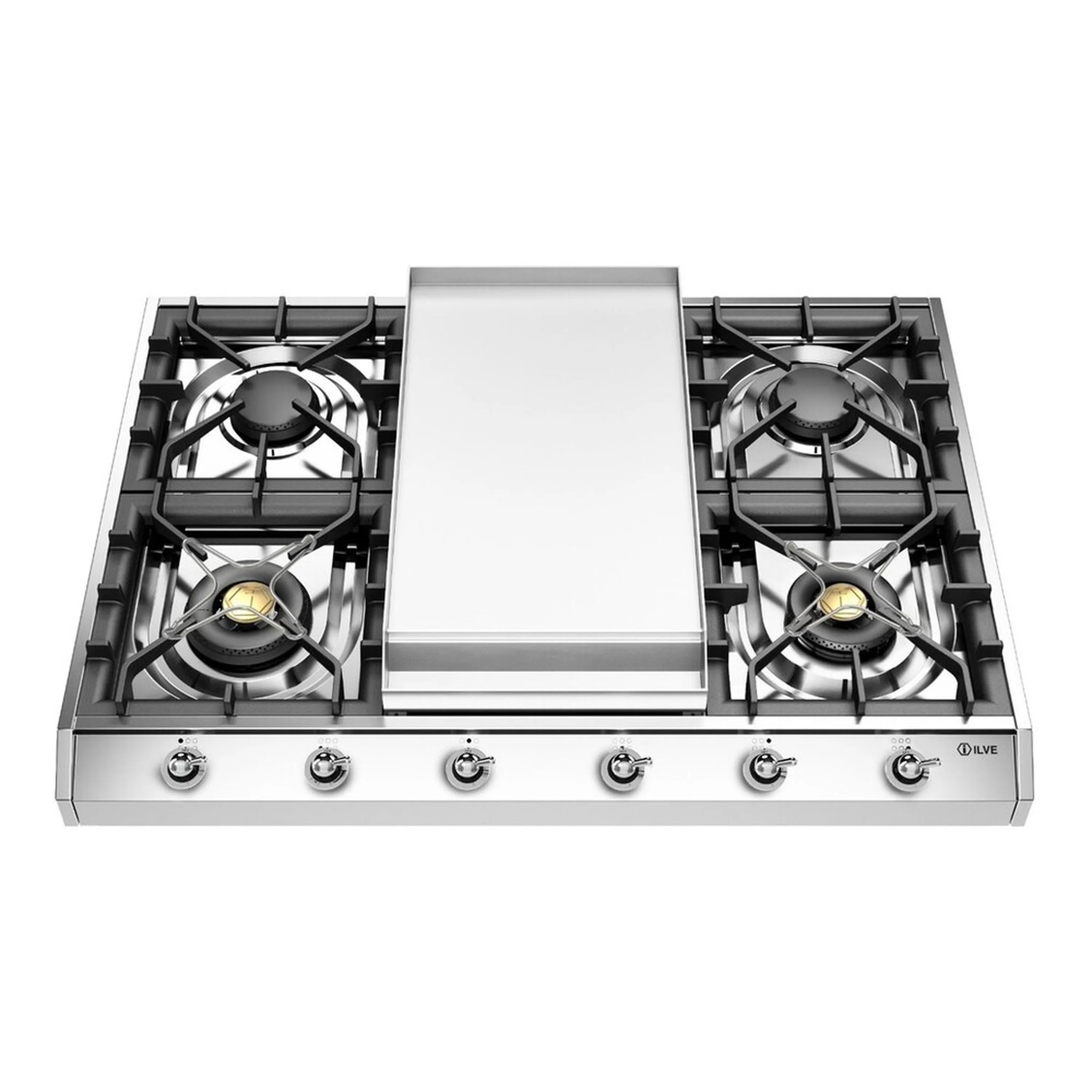 Stainless steel gas cooktop with central griddle, four burners, and front row of control knobs