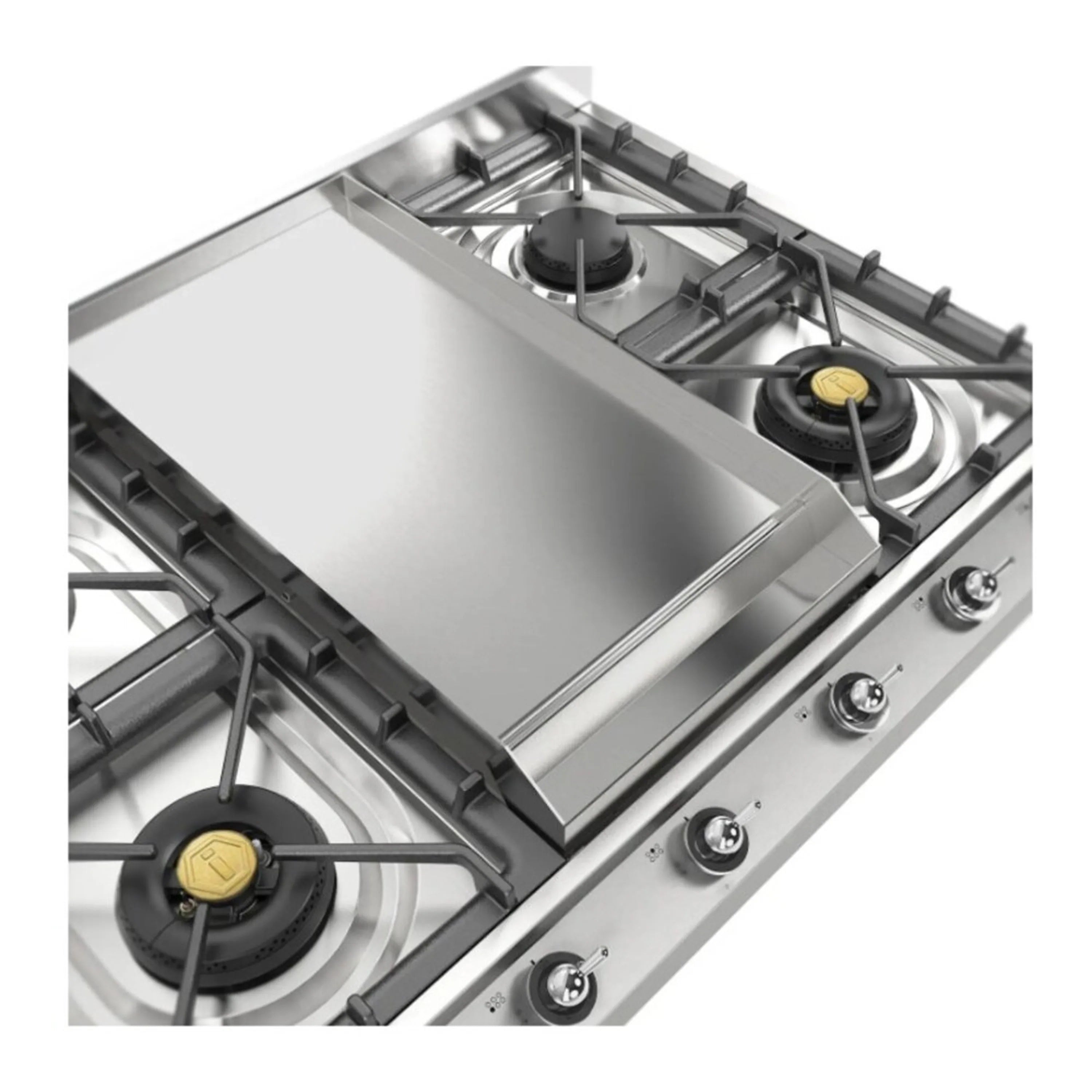 Stainless steel gas cooktop angled view with removable griddle and front row of control knobs