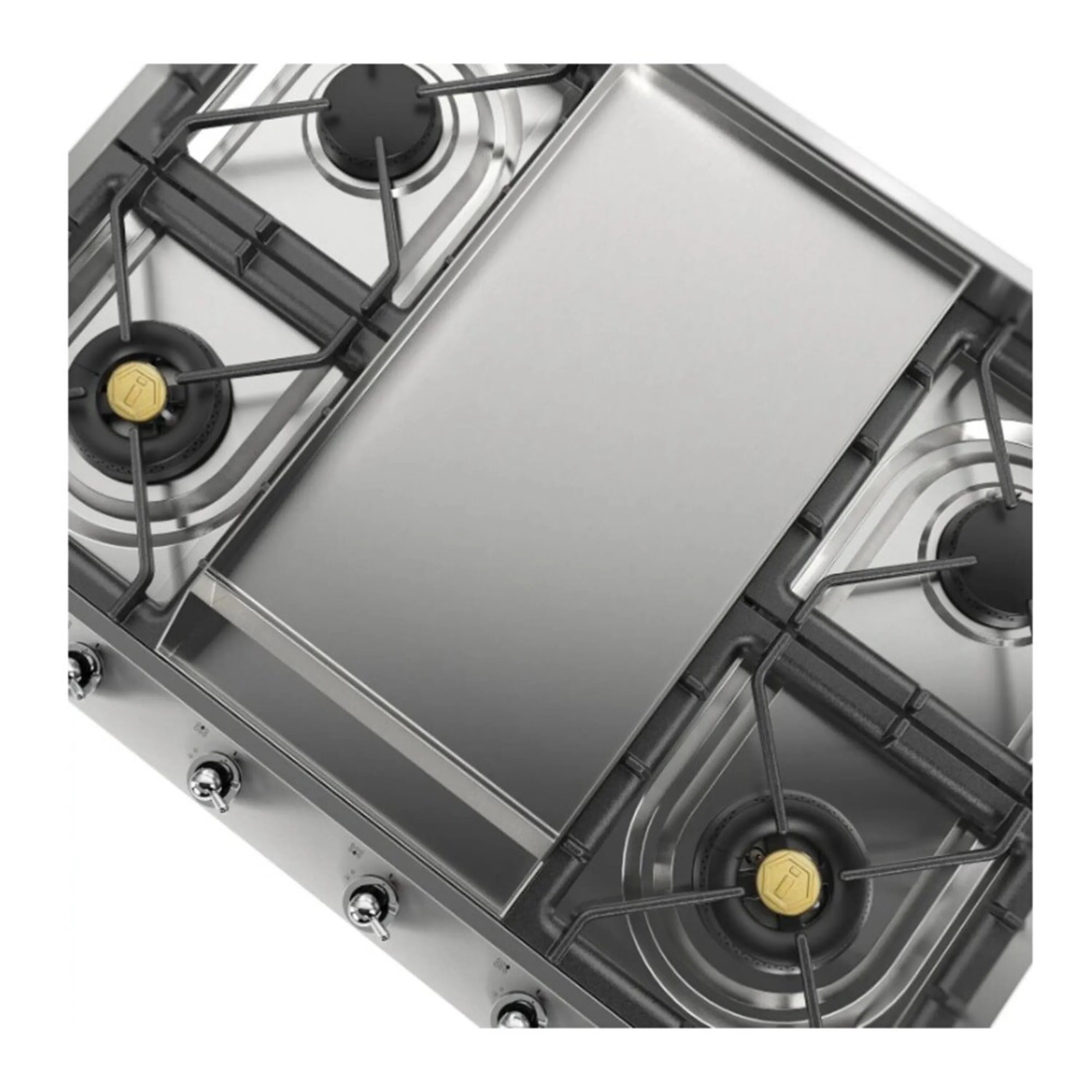 Overhead view of stainless gas cooktop with griddle and burners, including burner caps and knobs