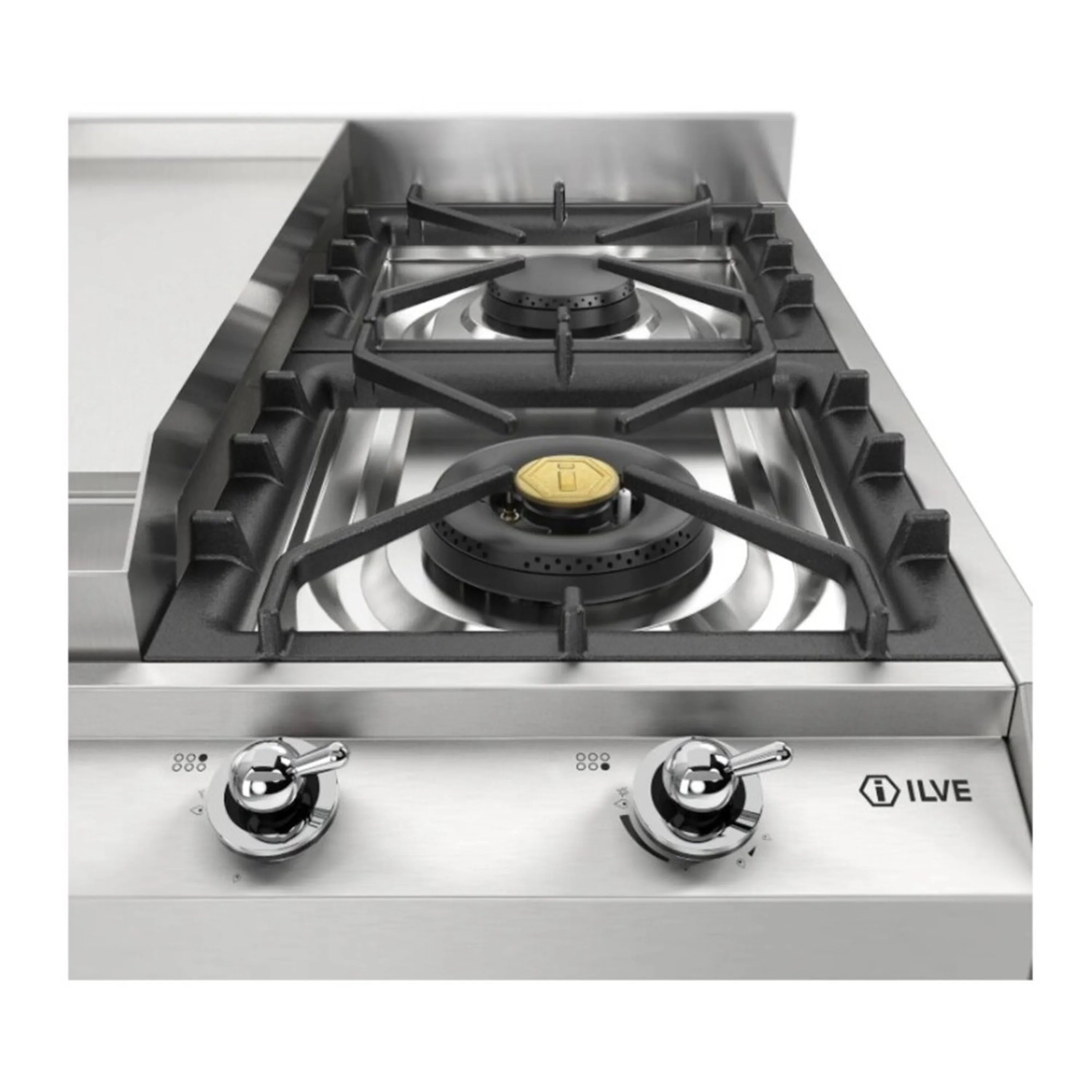 Close-up front view of stainless gas burner with control knobs below, griddle on top