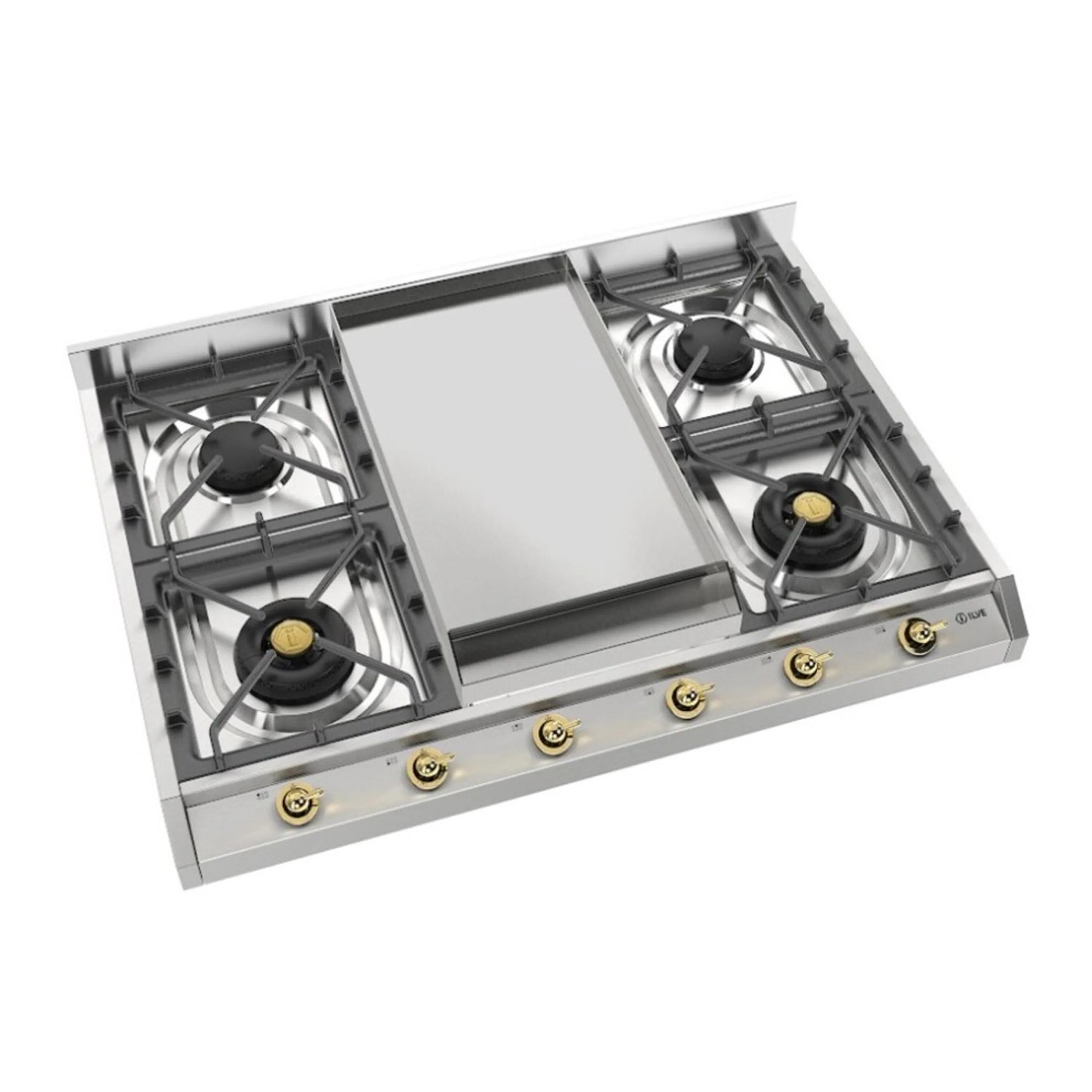 Stainless steel gas cooktop with four burners and center griddle, tilted top view
