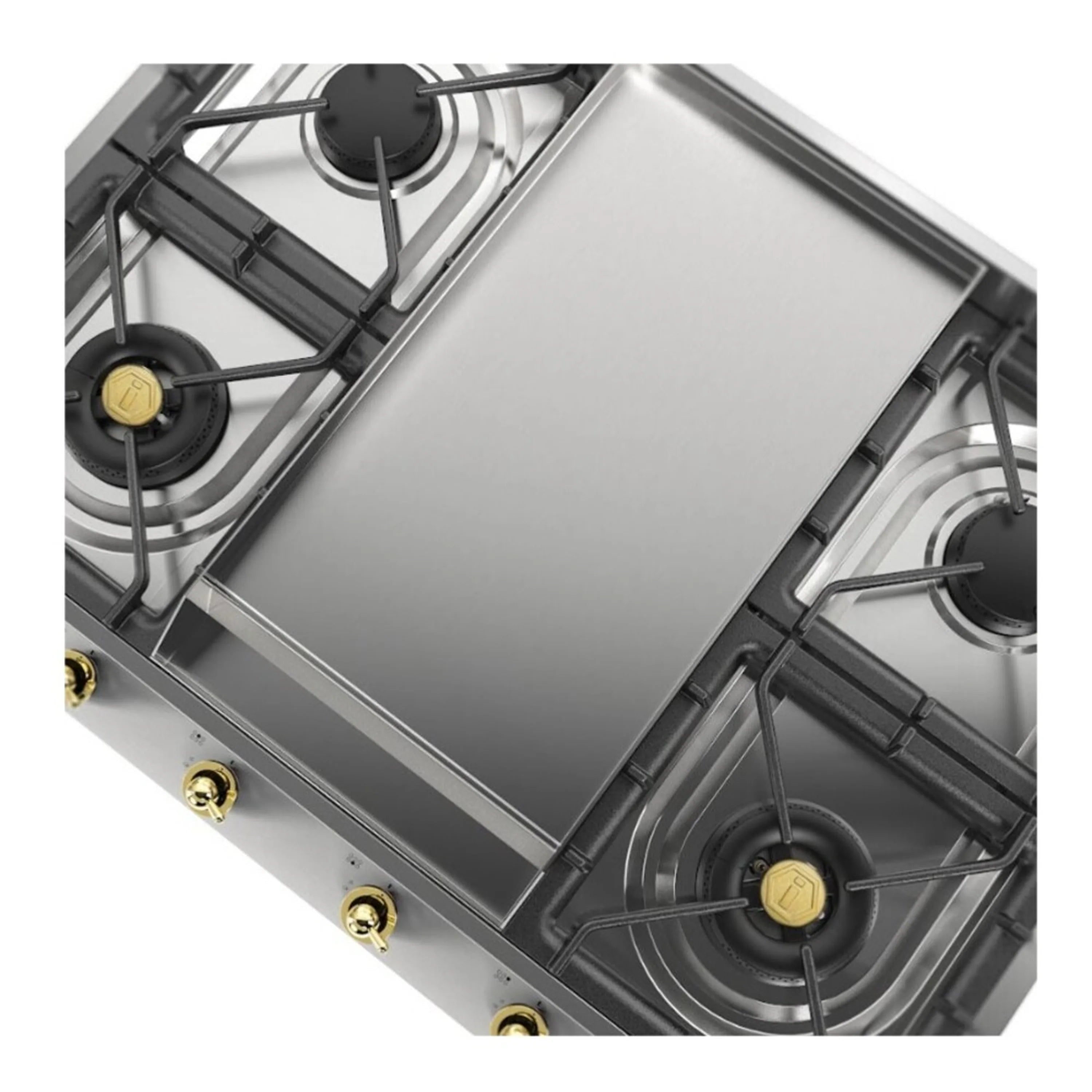 Stainless steel gas cooktop with center griddle and burners, diagonal close-up