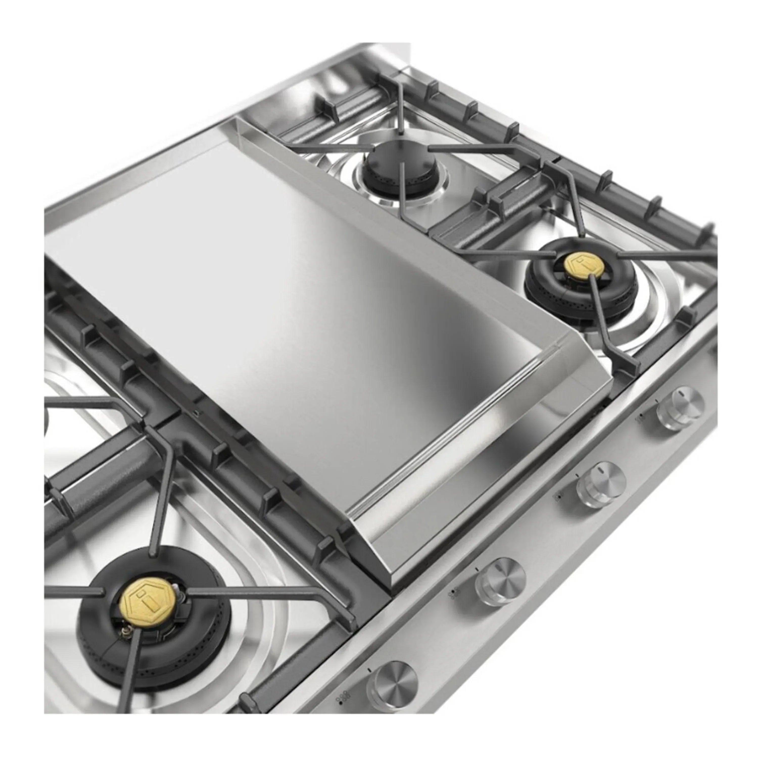 Stainless steel built-in gas cooktop with griddle and two burners, front control knobs