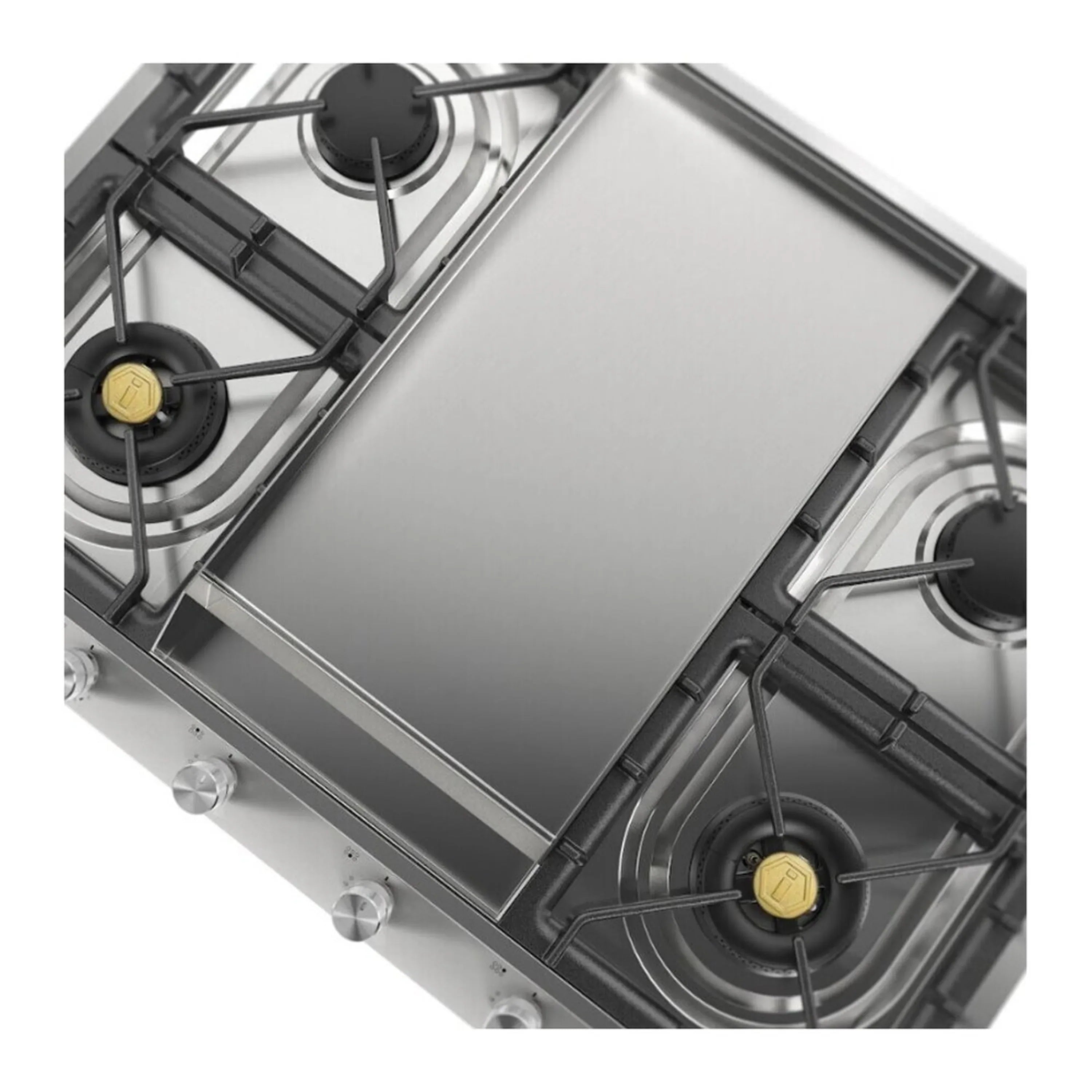 Stainless steel built-in gas cooktop with center griddle and four burners, angled top view