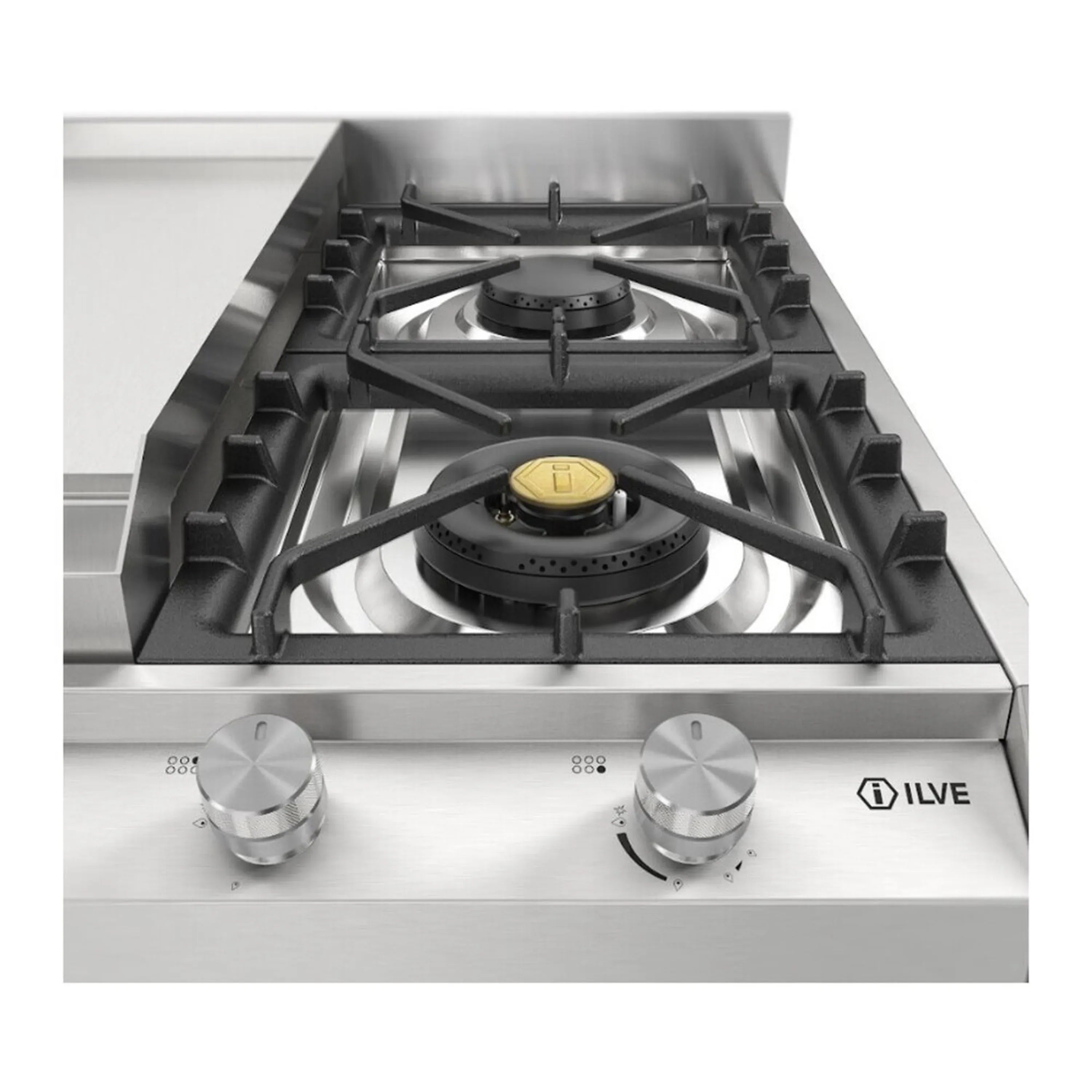 Stainless steel built-in gas cooktop with center griddle, four burner grates and control knobs