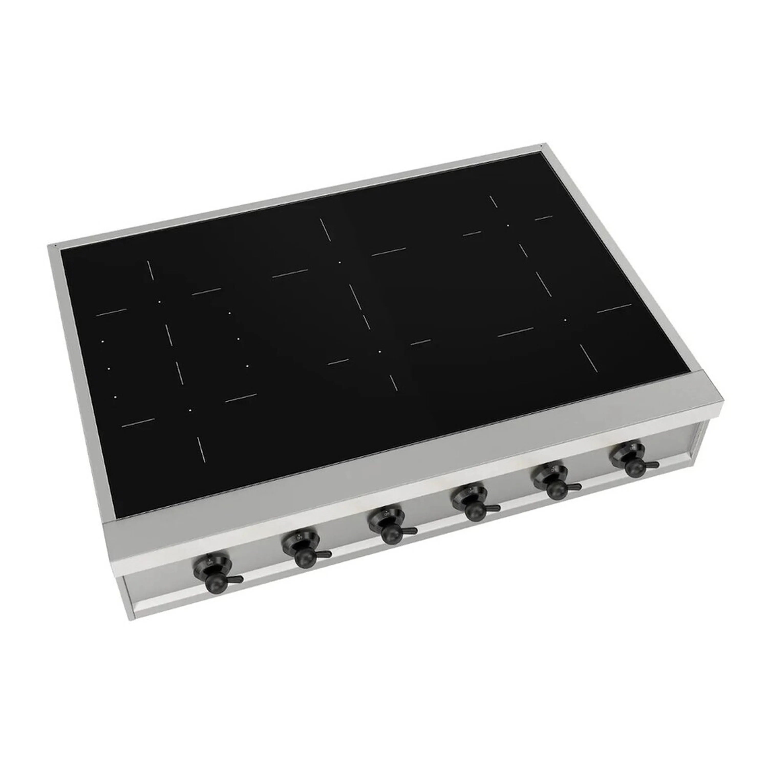 Built-in induction rangetop with black glass cooktop and 6 control knobs, stainless steel trim
