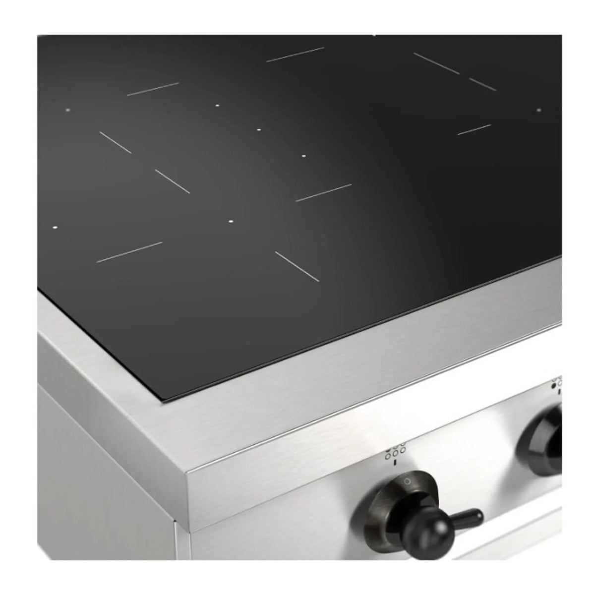 Induction cooktop top with black glass cooking surface and stainless front edge with knob controls
