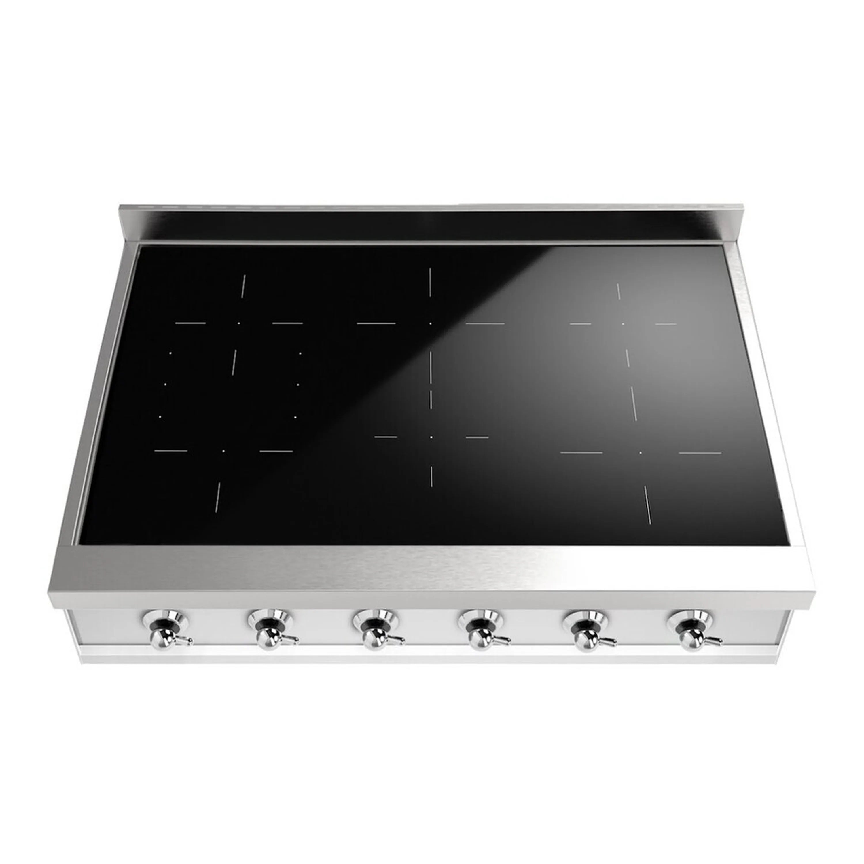 Built-in induction cooktop front view with black glass surface and row of six knobs