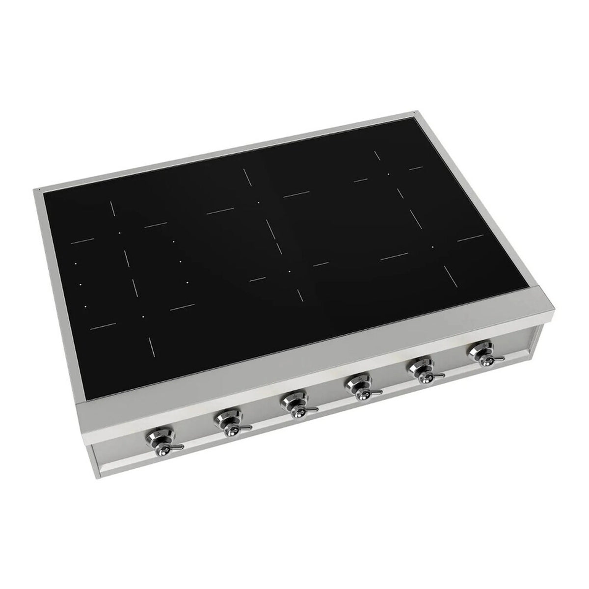 Built-in induction cooktop with black glass panel and six chrome control knobs