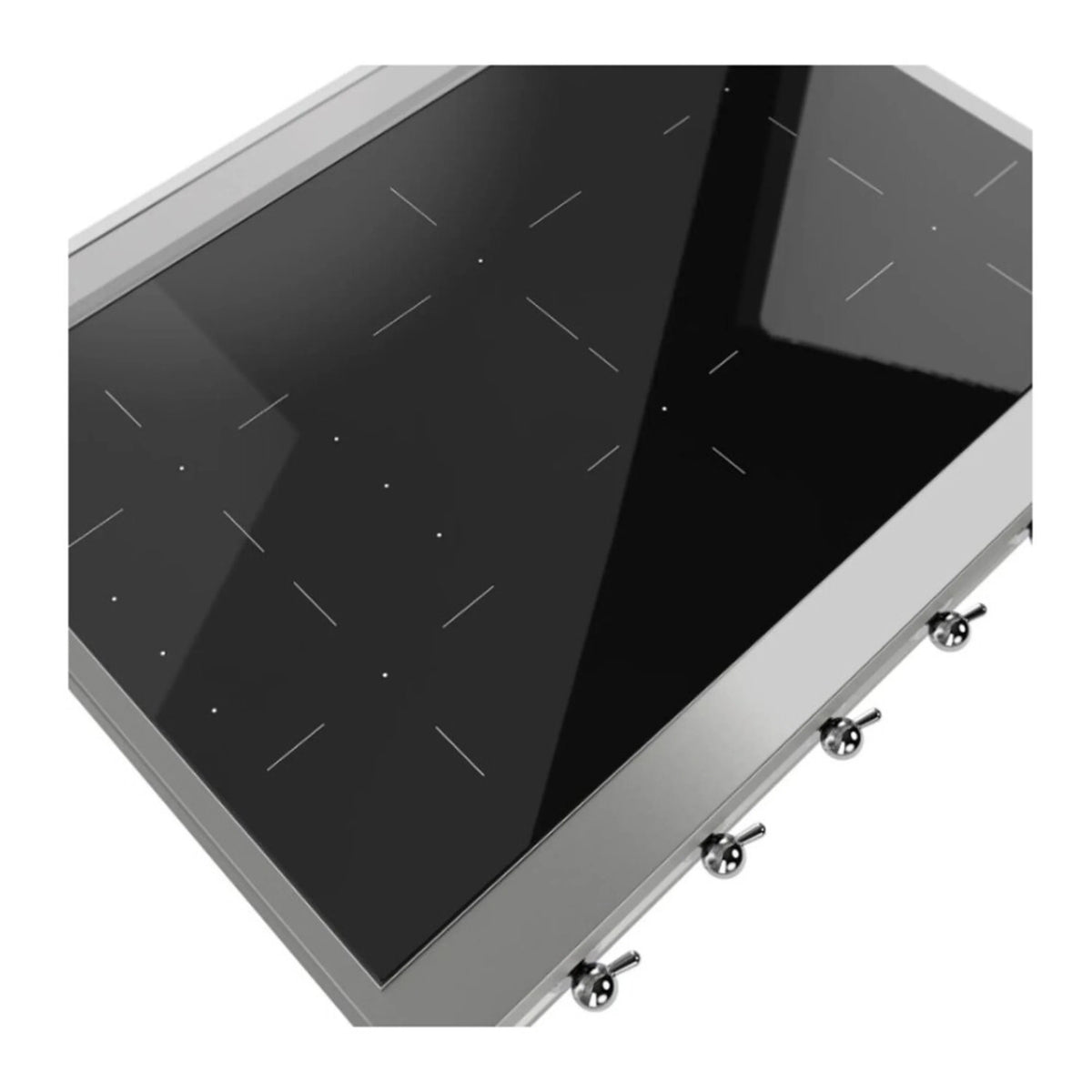 Built-in induction cooktop corner view with black glass surface and six front knobs