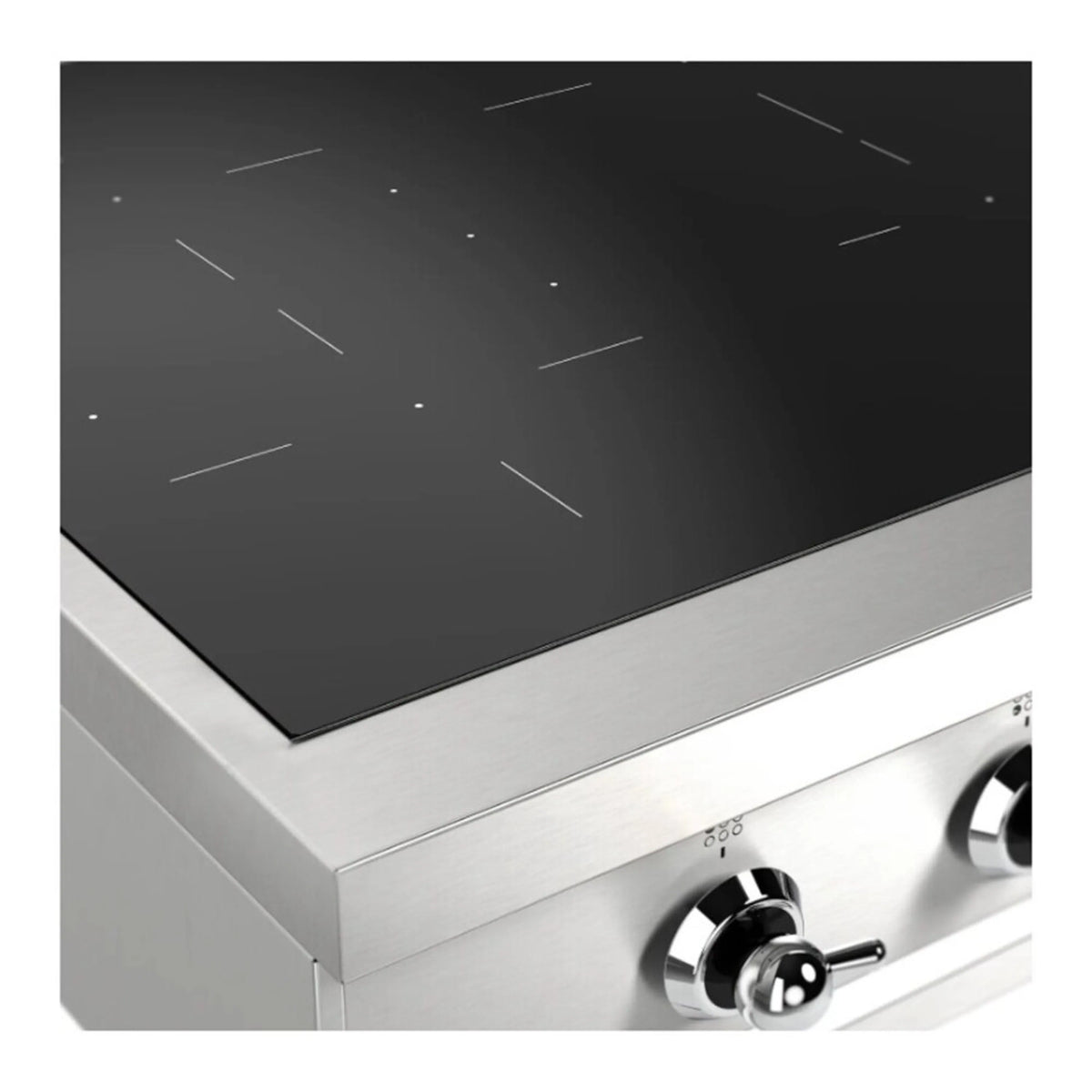 Built-in induction cooktop top view with black glass panel and stainless steel edge