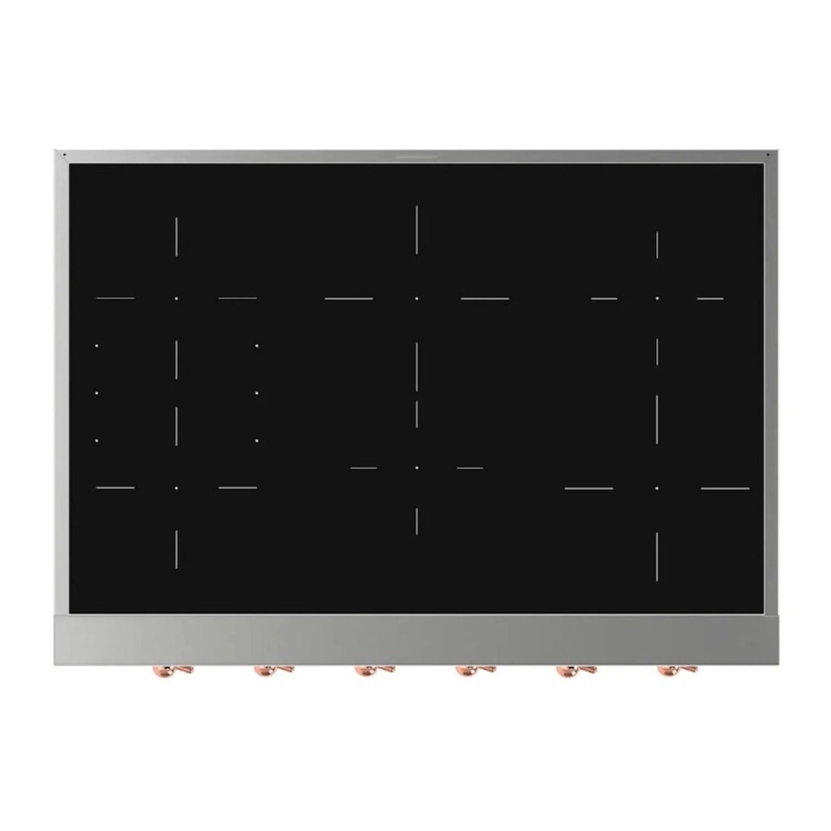 Built-in induction cooktop front view with black glass heating grid and stainless frame