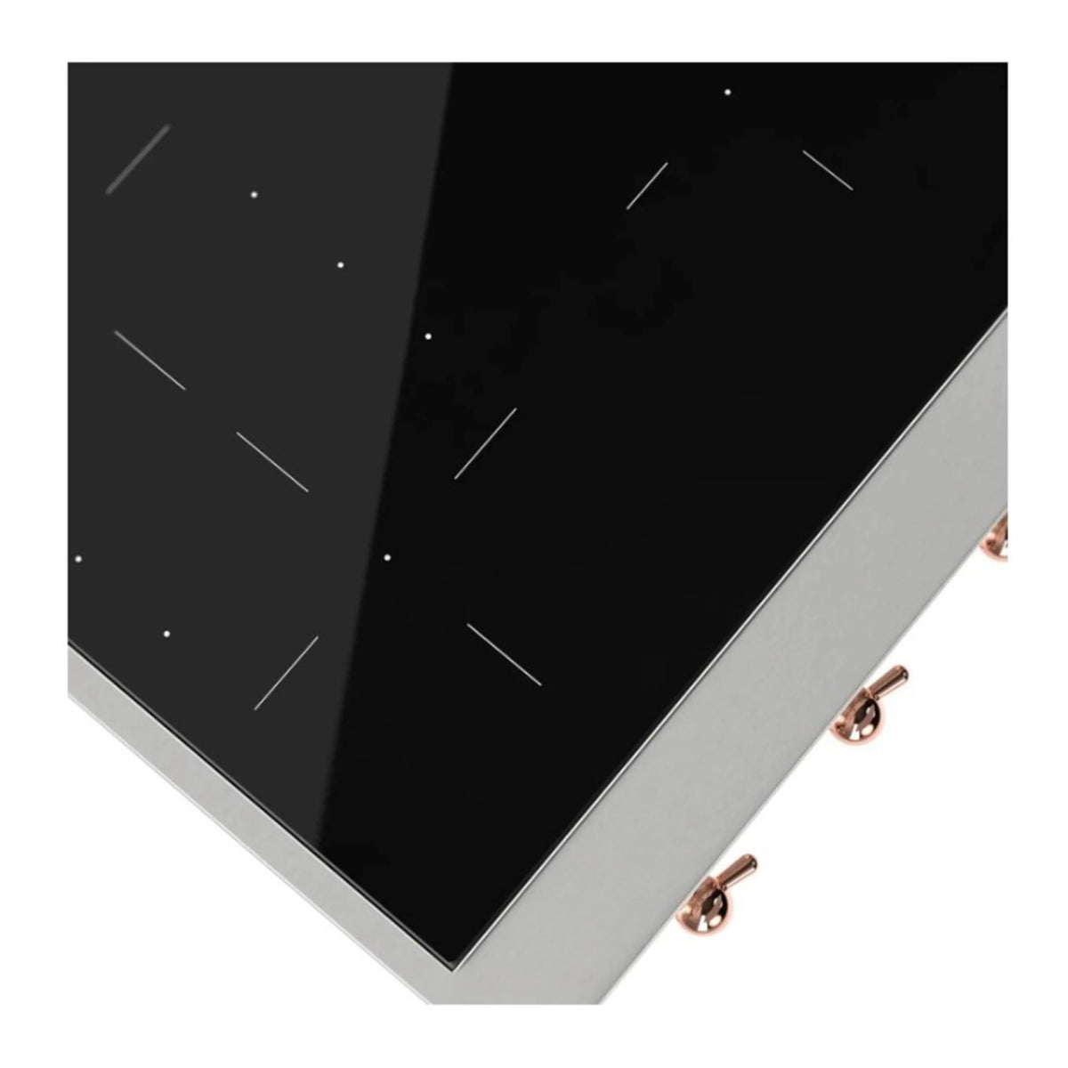 Built-in induction cooktop diagonal view: black glass surface and stainless side frame