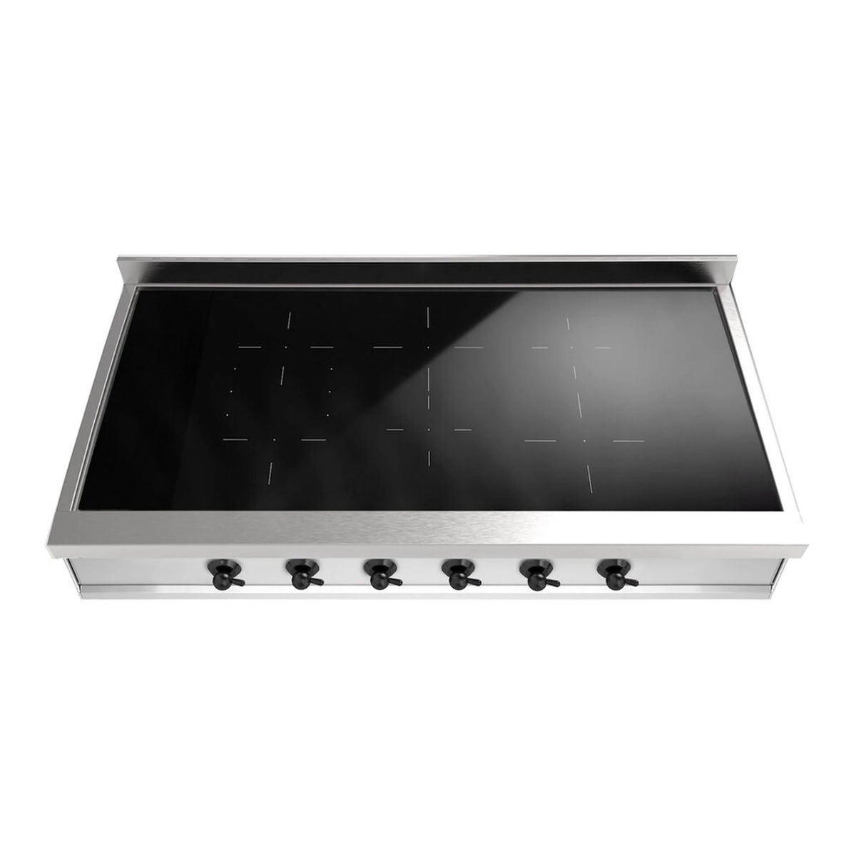 Induction cooktop with black glass surface, silver frame, and six control knobs