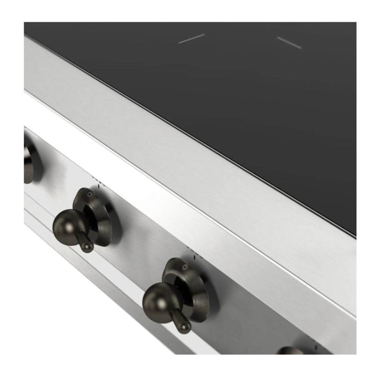 Induction cooktop control knobs on silver control panel beside black glass top
