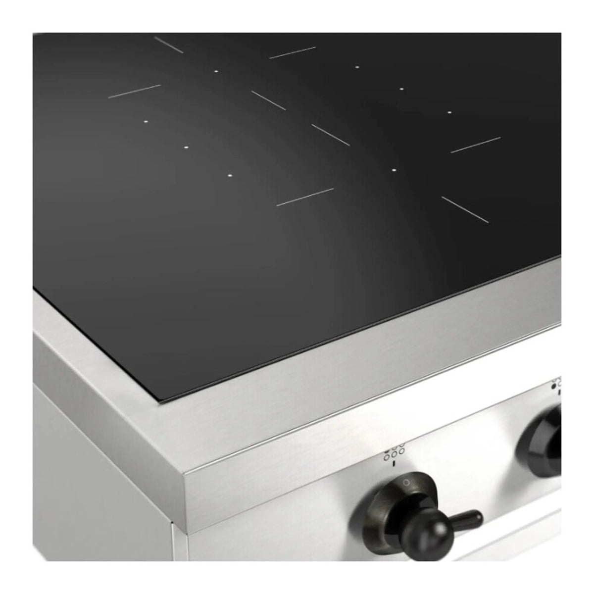Induction cooktop with black glass top and silver control area with a rotary dial