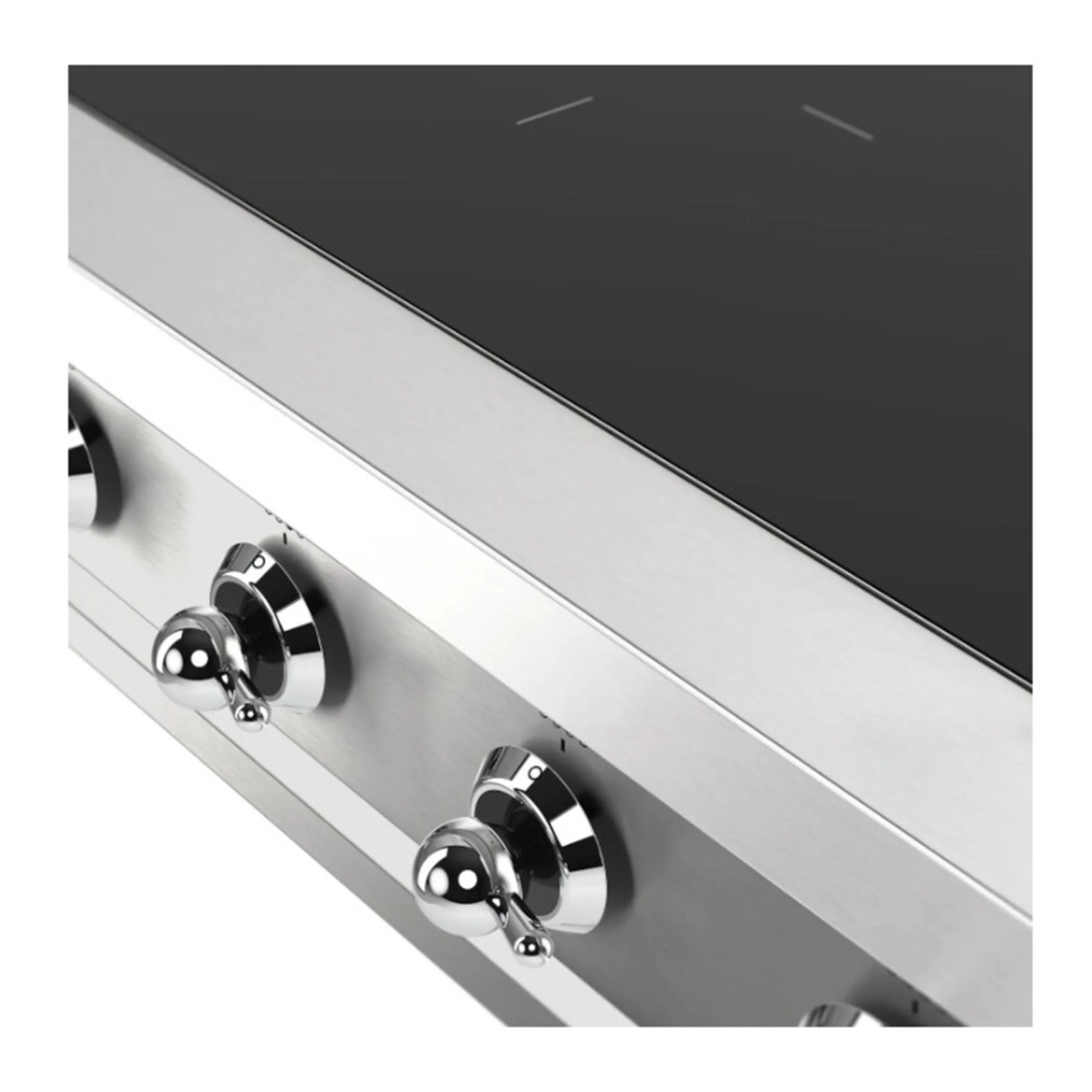 Stainless steel induction cooktop front with two large rotary control knobs