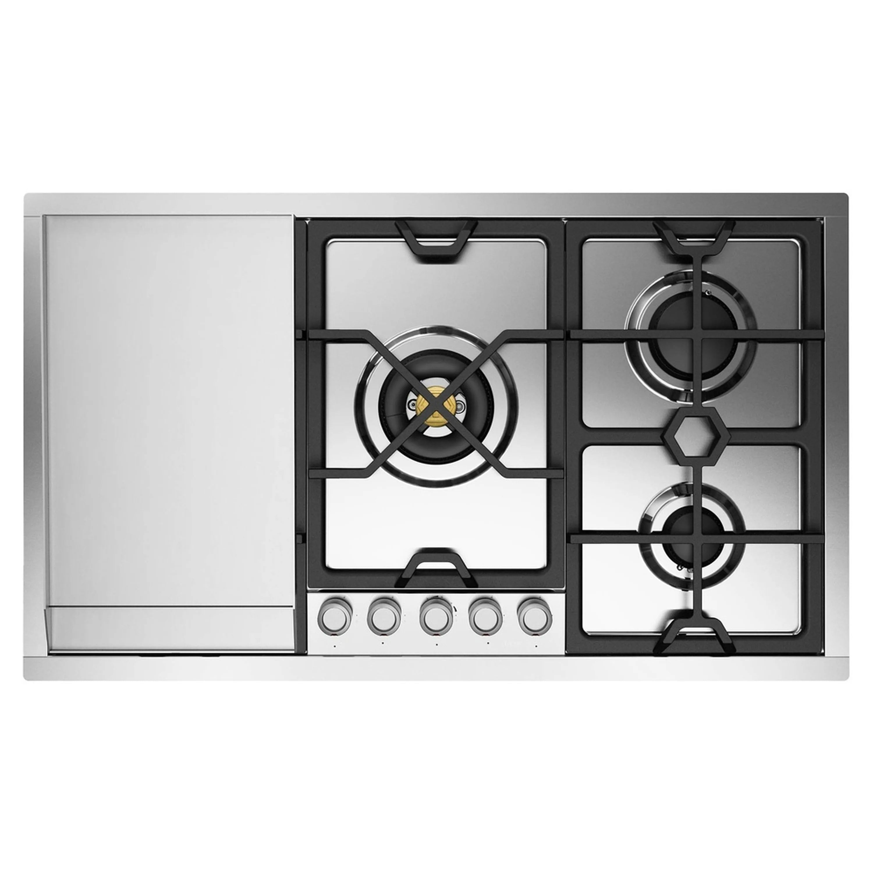 Stainless steel built-in gas cooktop top view with burner grates and control panel