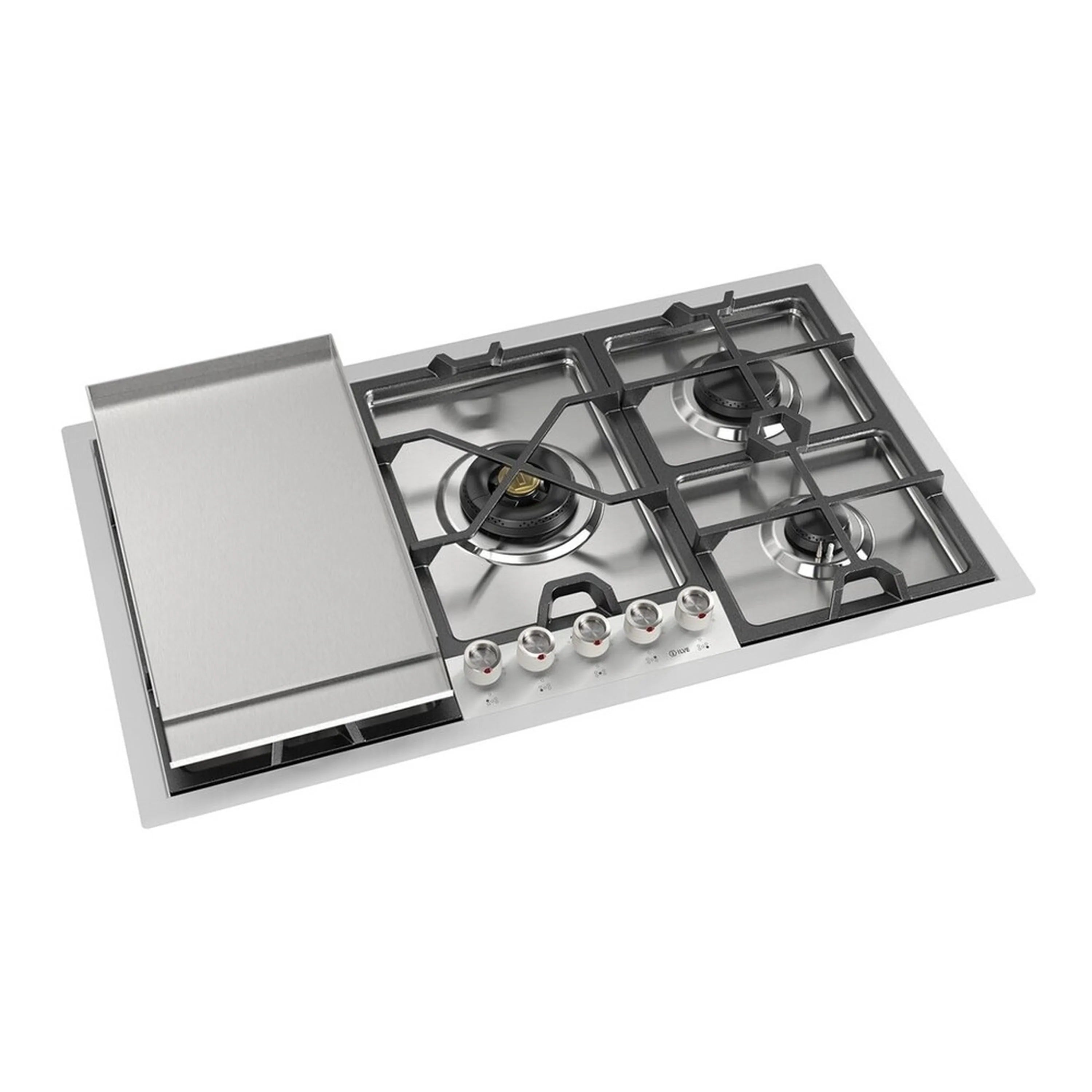 Stainless steel built-in gas cooktop with open griddle cover and burner grates