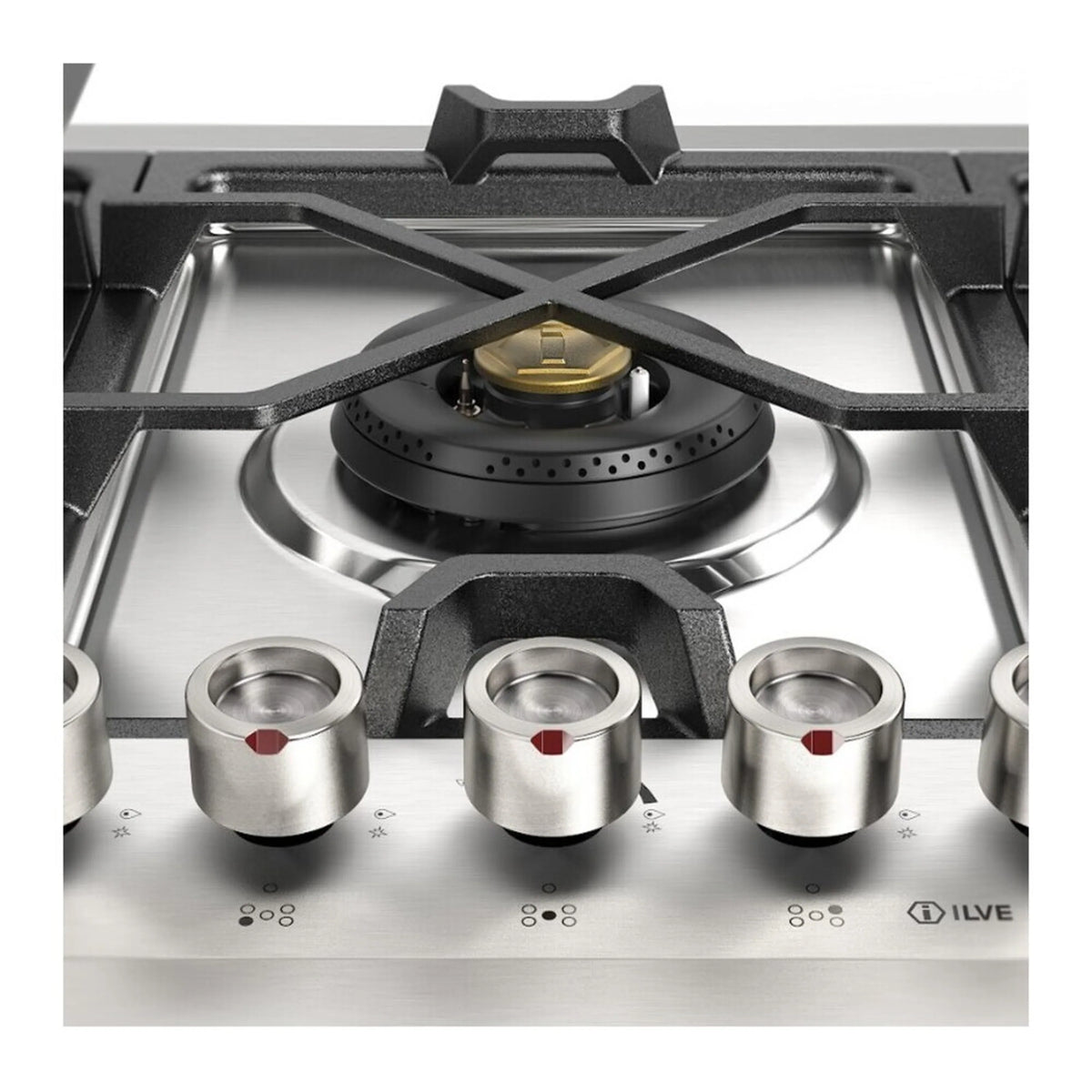 Stainless steel gas cooktop top view with central burner and surrounding burner caps